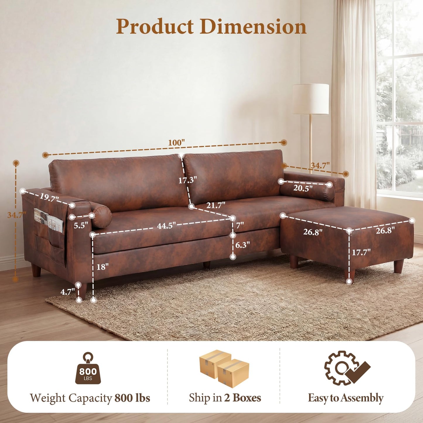 Vesgantti 100" L Shaped Faux Leather Couch with Movable Ottoman, Extra Wide Seater PU Leather Sectional Sofa with Side Pocket, Mid Century Modern Modular Sofa for Living Room, Apartment, Dark Brown