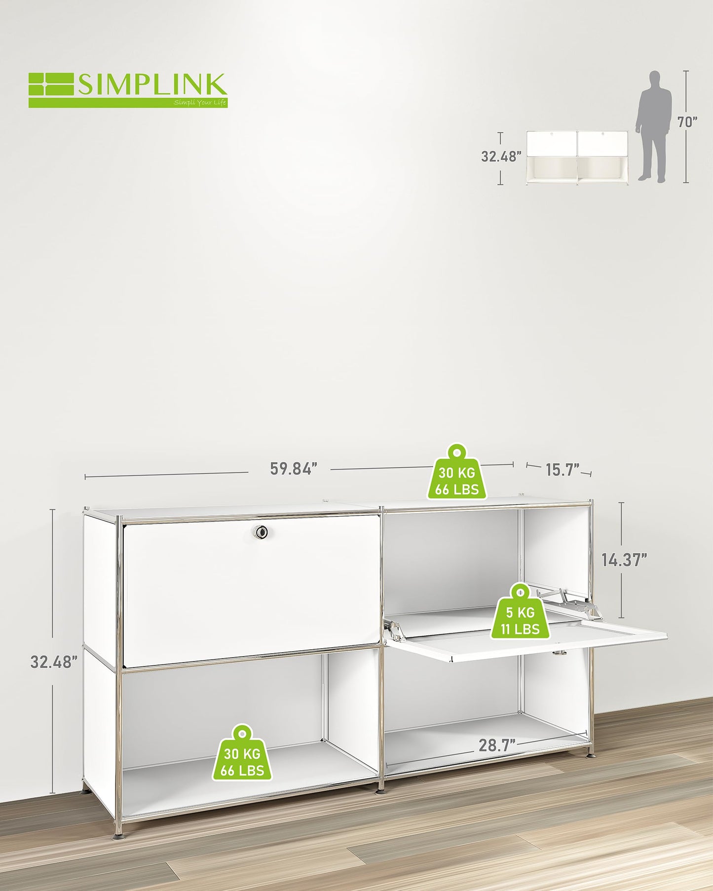 Simplink Metal Sideboard with 2 Flap Doors, DIY Modern Home Furnishing,Perfect for Home, Office, Kitchen, Hallway,Foyer Organization(White)