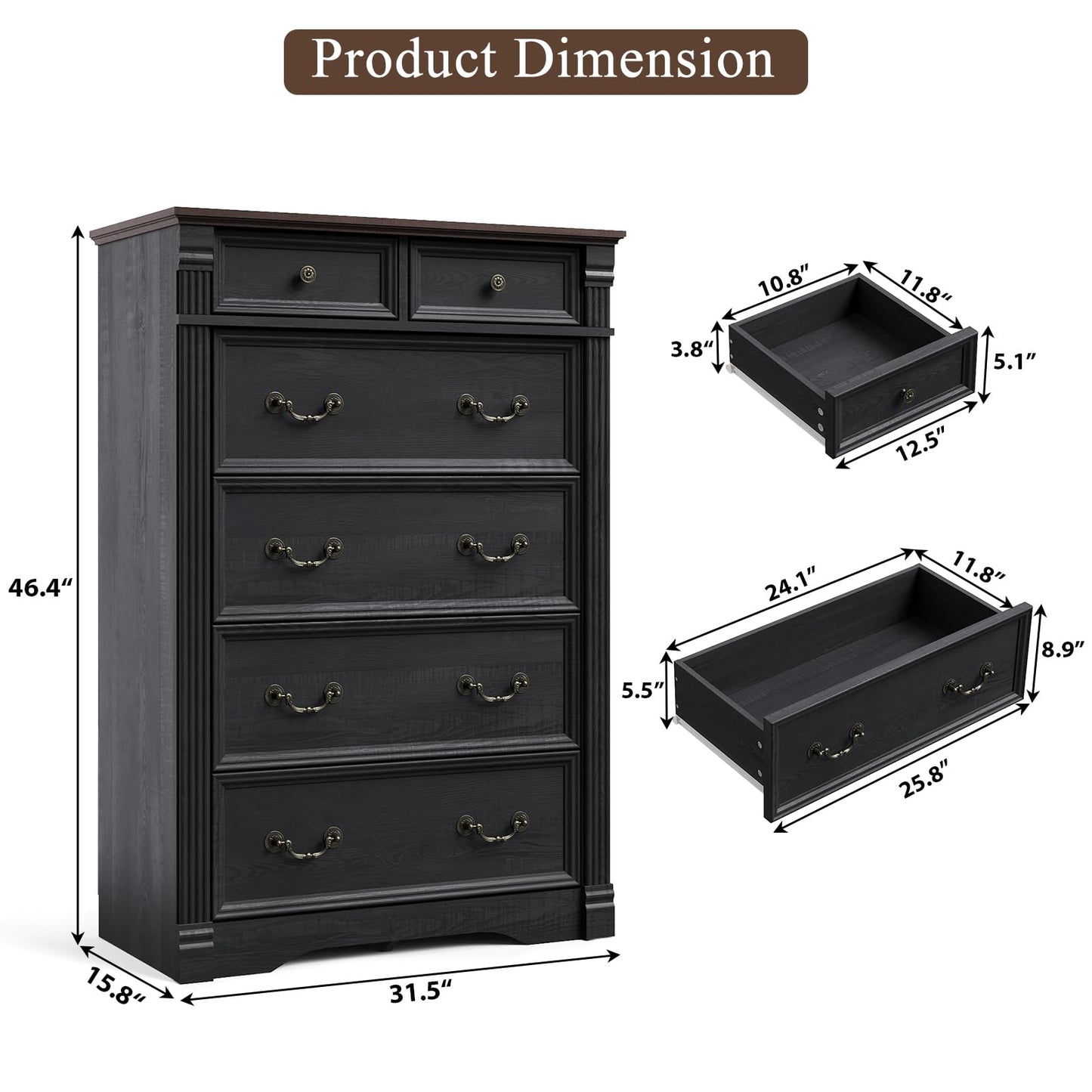 Black Dresser for Bedroom, 47" Tall Dresser for Bedroom, Wood Rustic Chest of Drawers with Chic Wood Pilasters, Farmhouse Dressers Organizer for Bedroom, Hallway