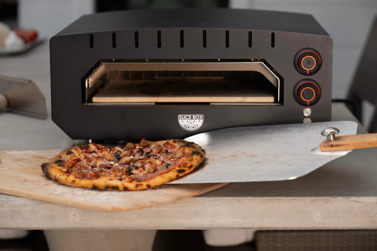 Fire Sense Slice Box Outdoor Electric Pizza Oven, Countertop Cooking, Heats Up to 750 Degrees, Digital Thermometer, Pizza Stone, and Pizza Peel Included, Perfect for Indoor and Outdoor Use - 64900