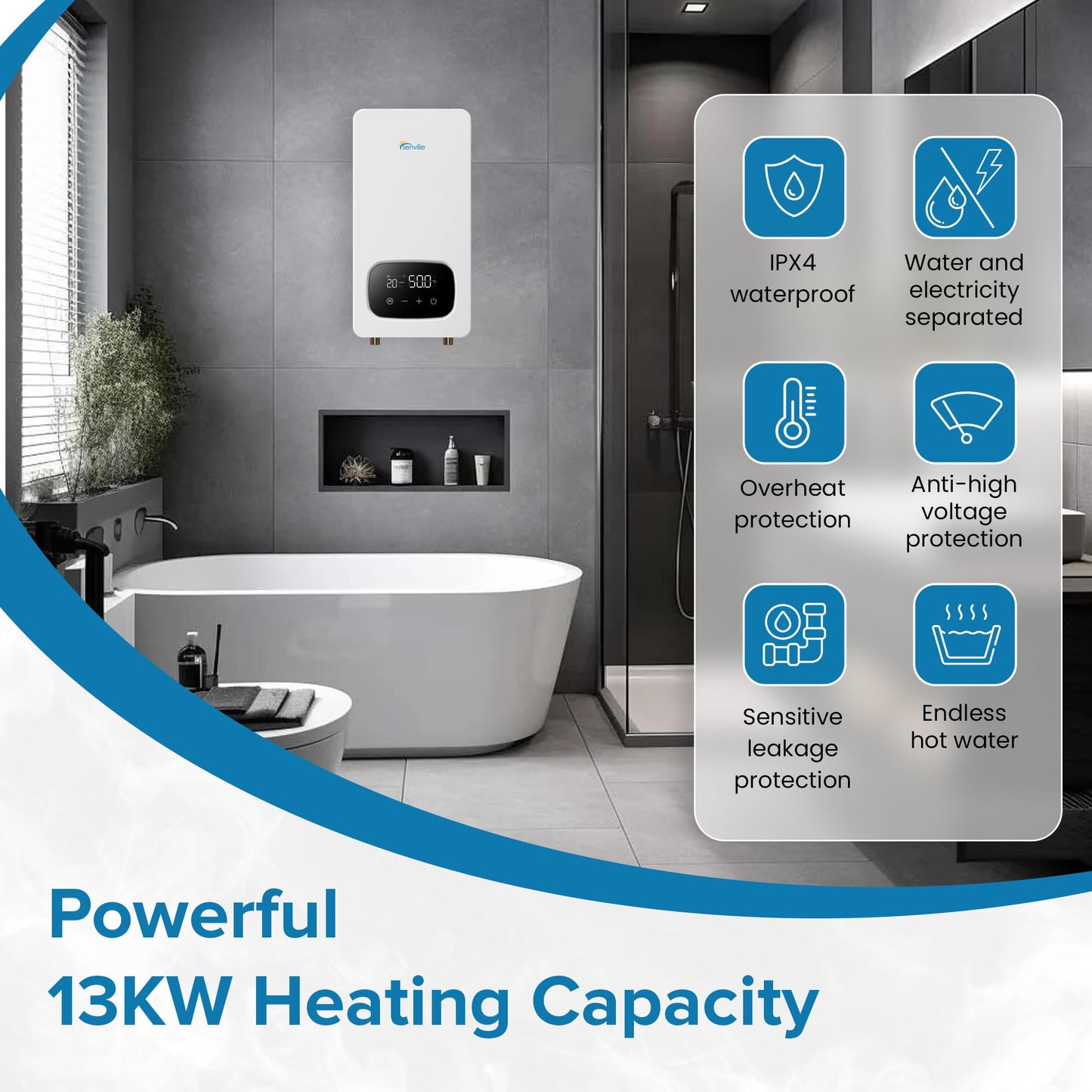 Senville Tankless Water Heater, Electric, 13KW, 240V