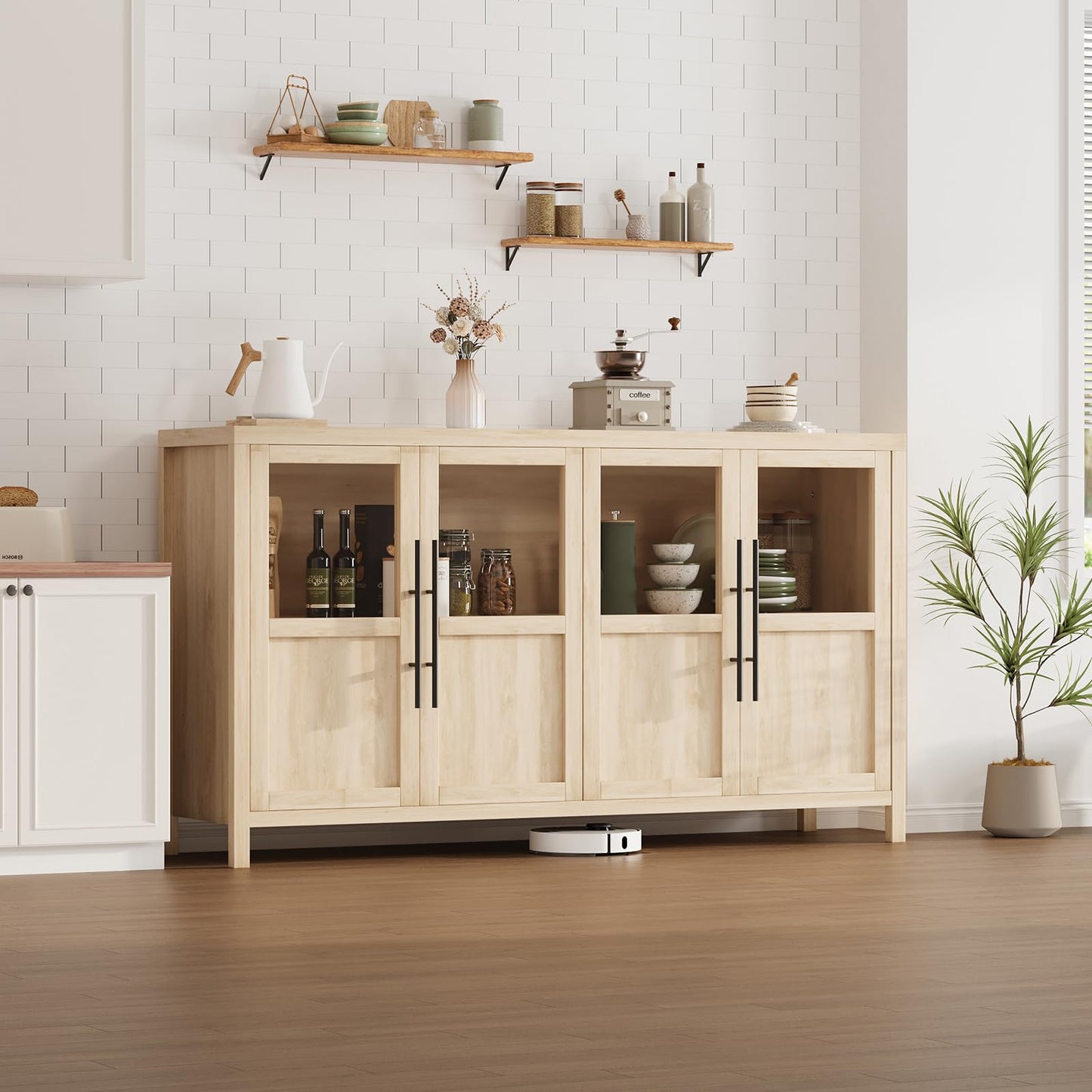 GarveeLife Sideboard Buffet Cabinet with 4 Glass Doors, 55 Inch Coffee Bar Wine Display Cabinet, Modern Storage Console for Kitchen Dining Room Living Room, Natural