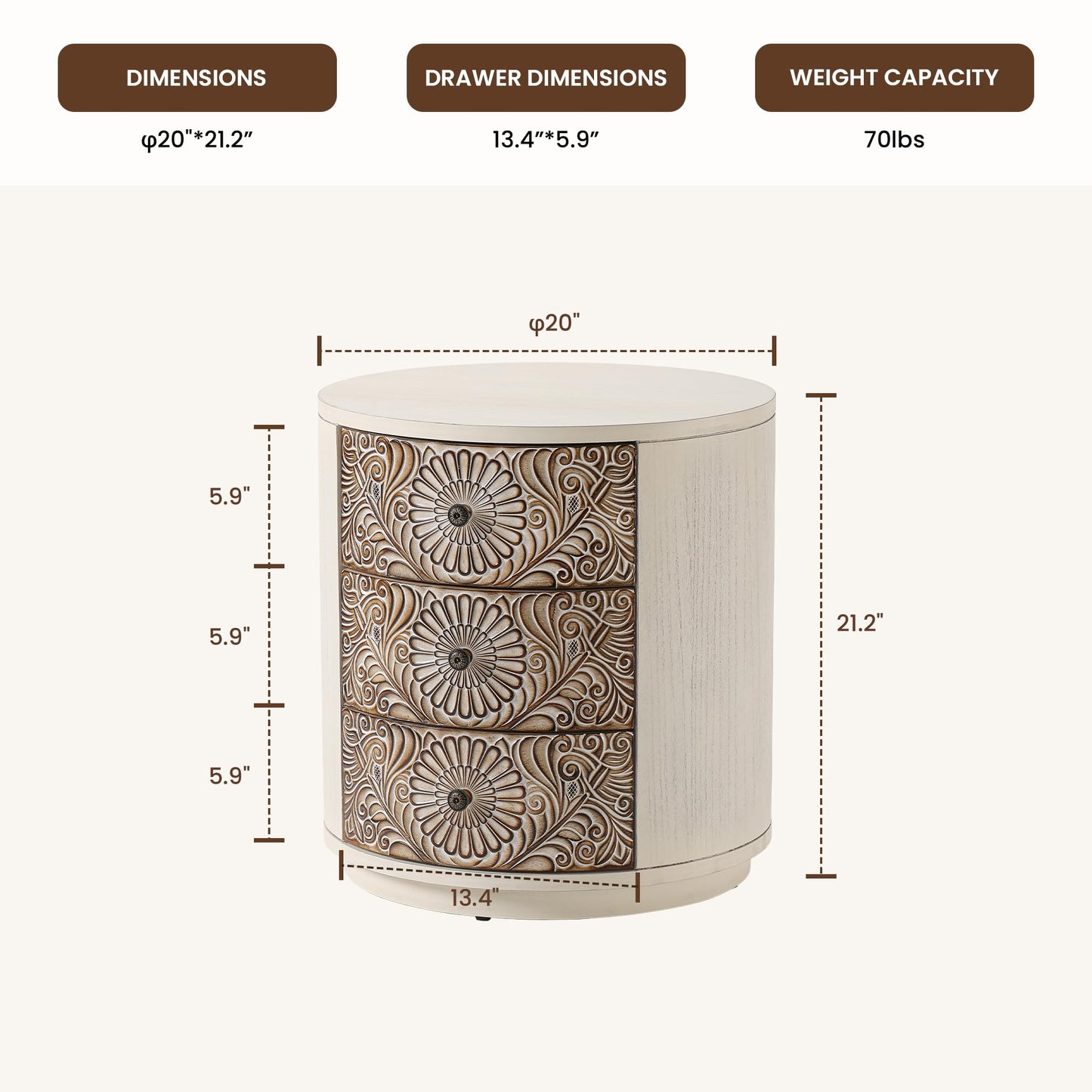 COSIEST 3 Drawer Chest of Drawers, 20 inch MDF Round Storage Cabinet, Retro Whitewash Finish Nightstand, Wood Bedside Table with Drawers for Bedroom Living Room,Light Gray