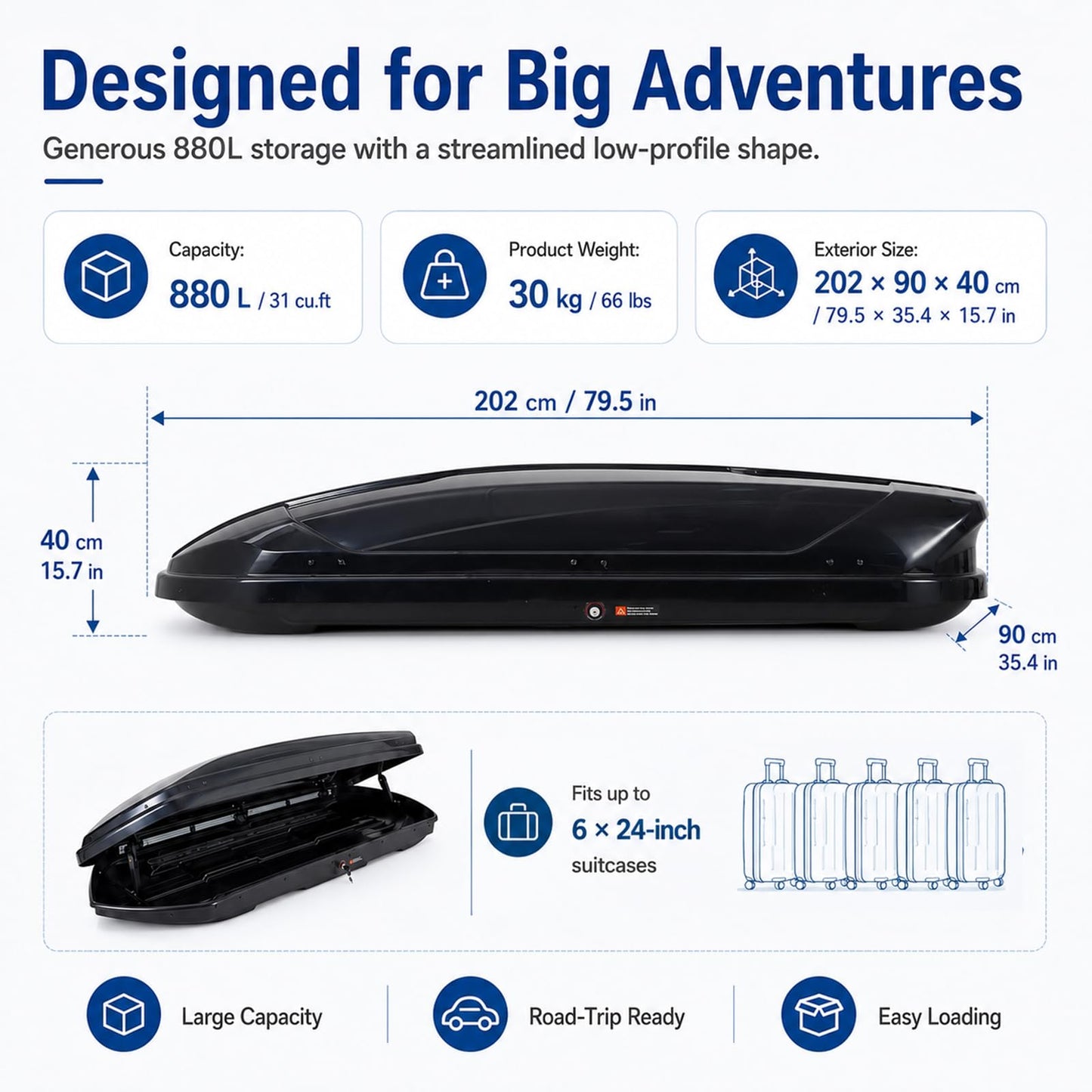 Garvee Rooftop Cargo Box Carrier, 31 Cu ft Hard Shell Rooftop Cargo Carrier - Dual-Side Opening, Universal Car/SUV Fit, Waterproof ABS Material, 165Lbs Capacity w/Secure Straps & Keys