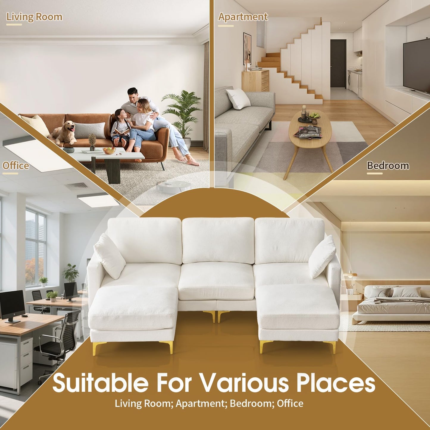 VINGLI 100" W U Shaped Couch with Ottoman, 22" Deep Seat Comfortable Sectional Couches for Living Room, 3 Seater Chenille Fabric Cloud Sofa for Apartment, Small Spaces, Bedroom, Beige