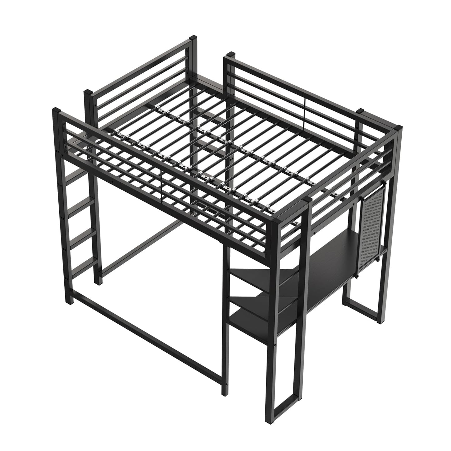 Sailret Full Metal Loft Bed with Desk, Pegboard and Display Shelves, Space-Saving Frame with Ladder and Full-Length Guardrails, Space-Saving Bed for Bedroom, Black (Mattress Not Included)