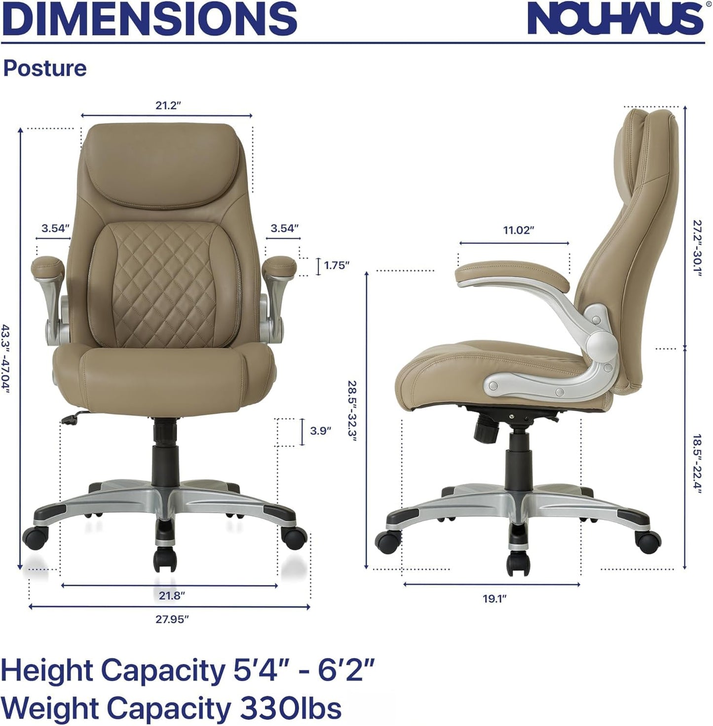 Nouhaus +Posture Ergonomic PU Leather Office Chair. Click5 Lumbar Support with FlipAdjust Armrests. Modern Executive Chair and Computer Desk Chair (Taupe)