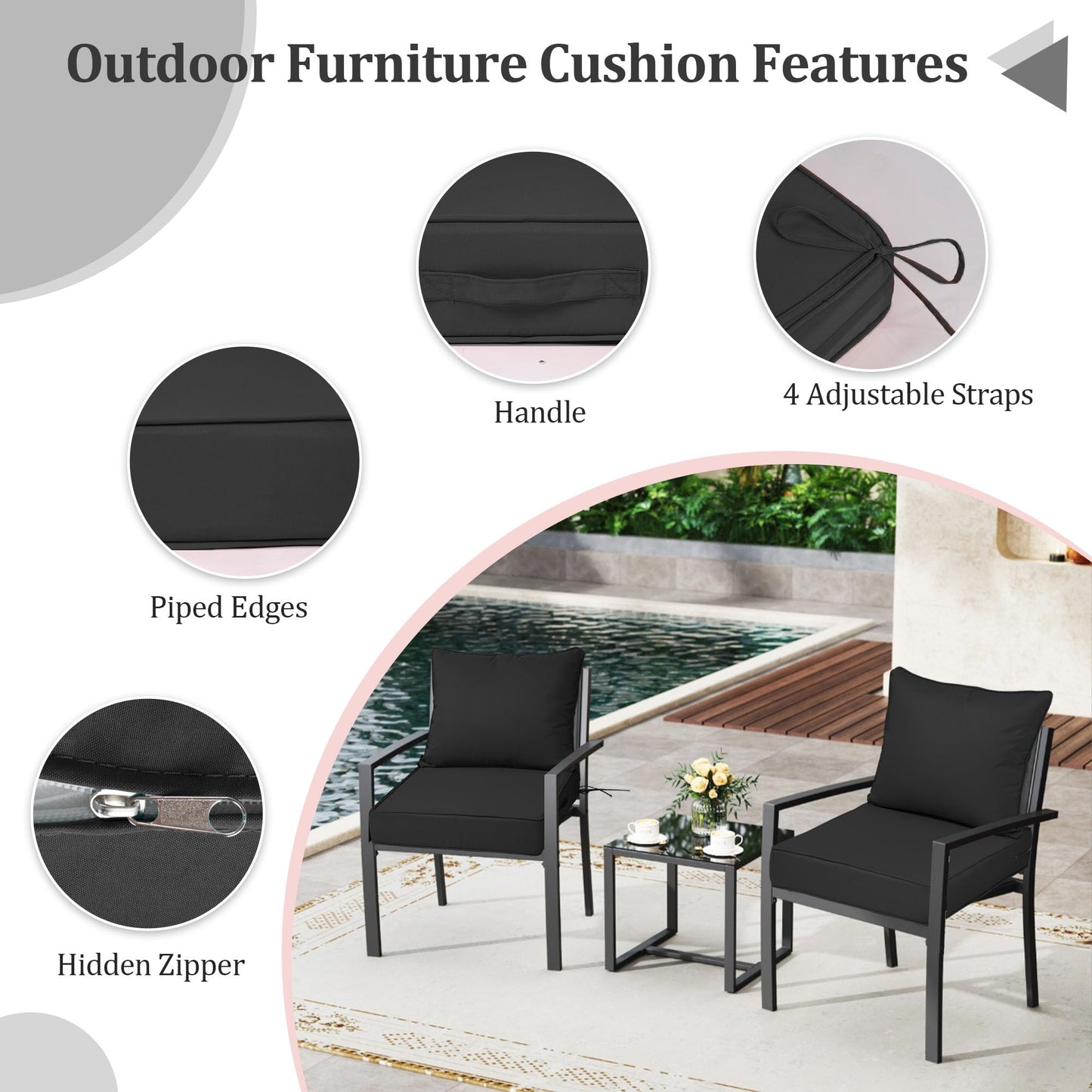 PZDJUMO Outdoor Chair Cushion, 19 x 19 Inch Waterproof Deep Seat Patio Cushions Set of 4, Loveseat Cushions for Outdoor Furniture, 4'' Thick Patio Furniture Cushion with Handle Straps, Black