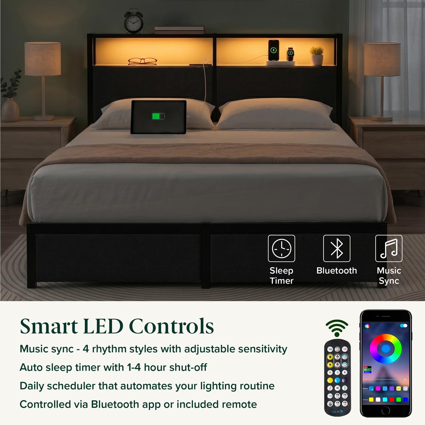 Zinus Michael Upholstered Platform Bed Frame, Space-Saving Two-Tier Headboard Storage and Four Underbed Drawers, Mood Setting RGB LED Lights, Built-in USB Charging Station, Ambient Night Light, Queen