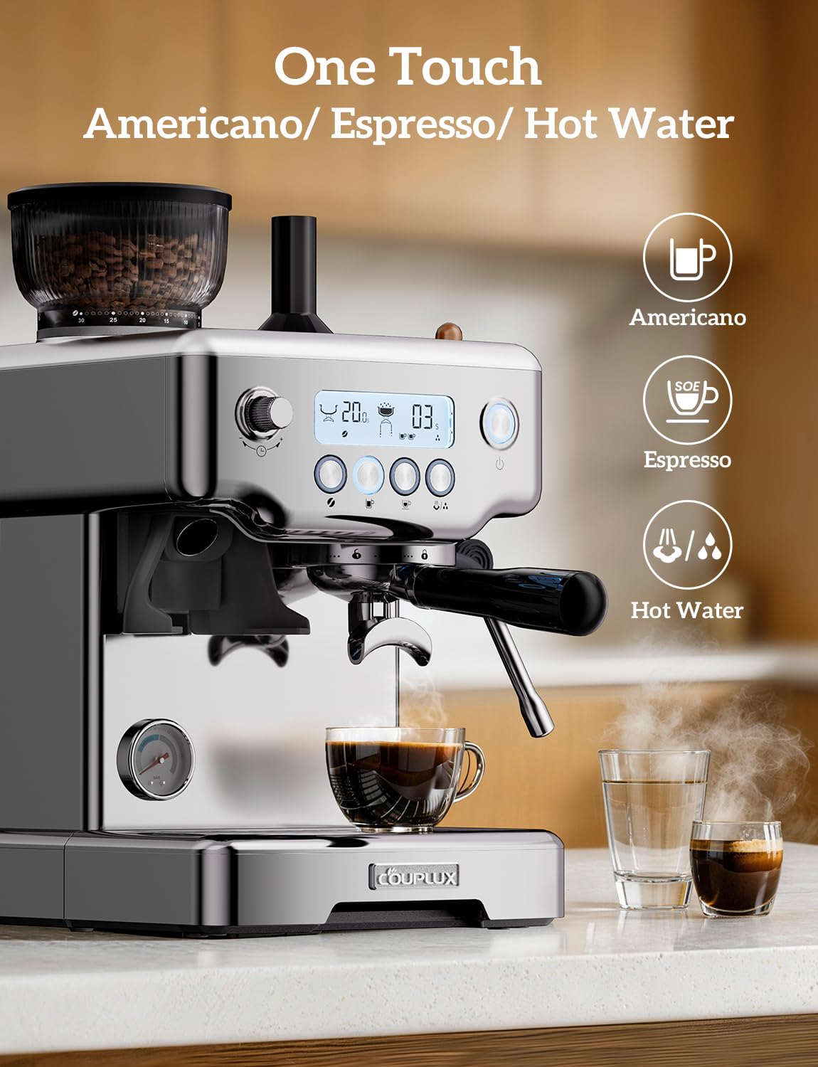 COUPLUX Espresso Machine with Grinder, 5-Temperature (190~205℉) Professional Espresso Machine 58MM with Powerful Milk Frother 15 Bar Expresso Coffee Machines for Espresso Americano Cappuccino & Latte