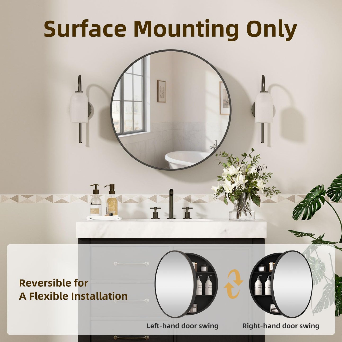 YTSMIR 24 x 24 Inch Round Medicine Cabinet Mirror Black,Circular Bathroom Mirror with Storage Wall Mounted,Metal Framed Medicine Cabinets with Tempered Glass Adjustable Shelves for Bathroom Vanity