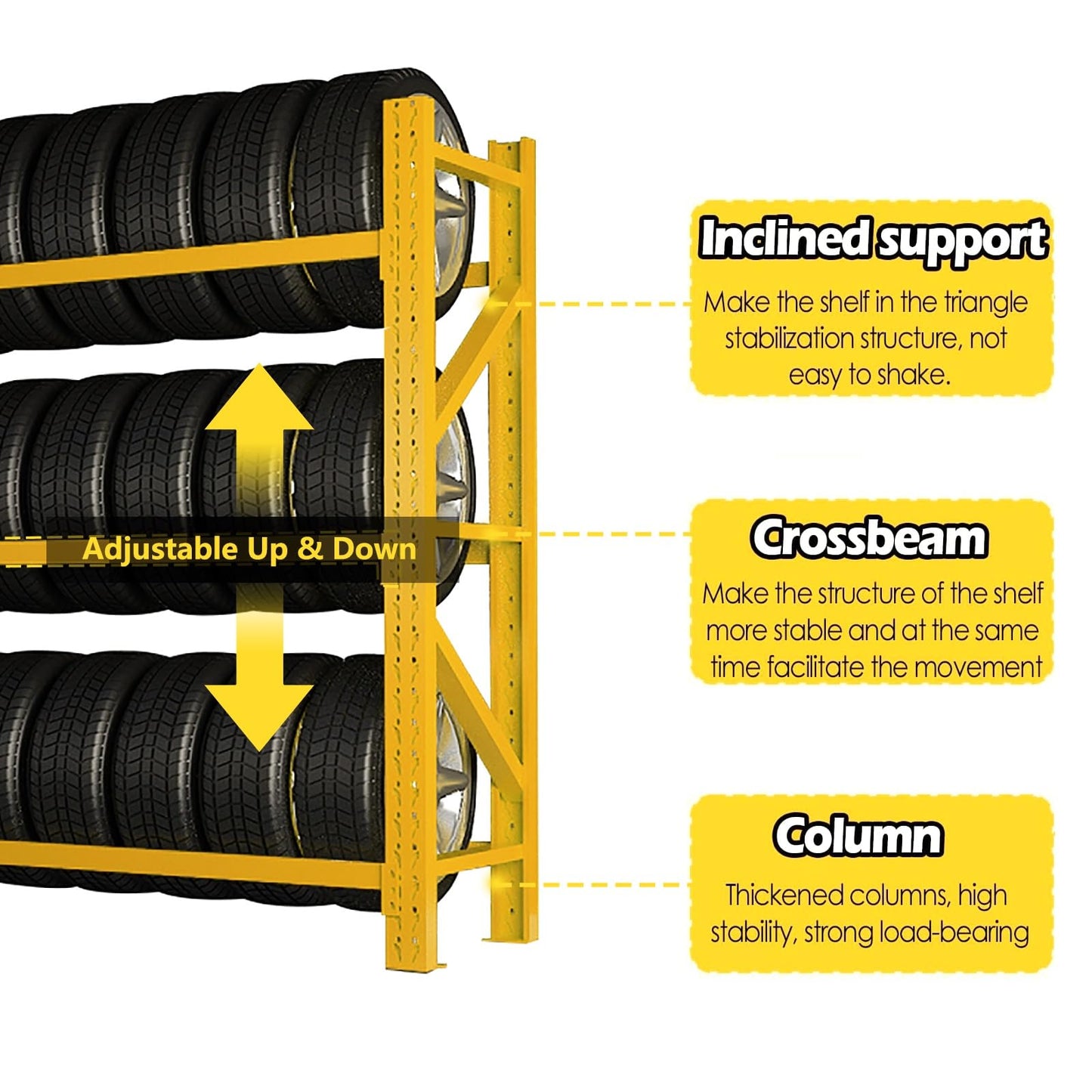 AOCDNEK Heavy Duty Tire Storage Rack, Steel, 1100lb,Load Capacity, Height Adjustable,for Auto Repair Shops Garages(Yellow,59x19.6x78.7in)