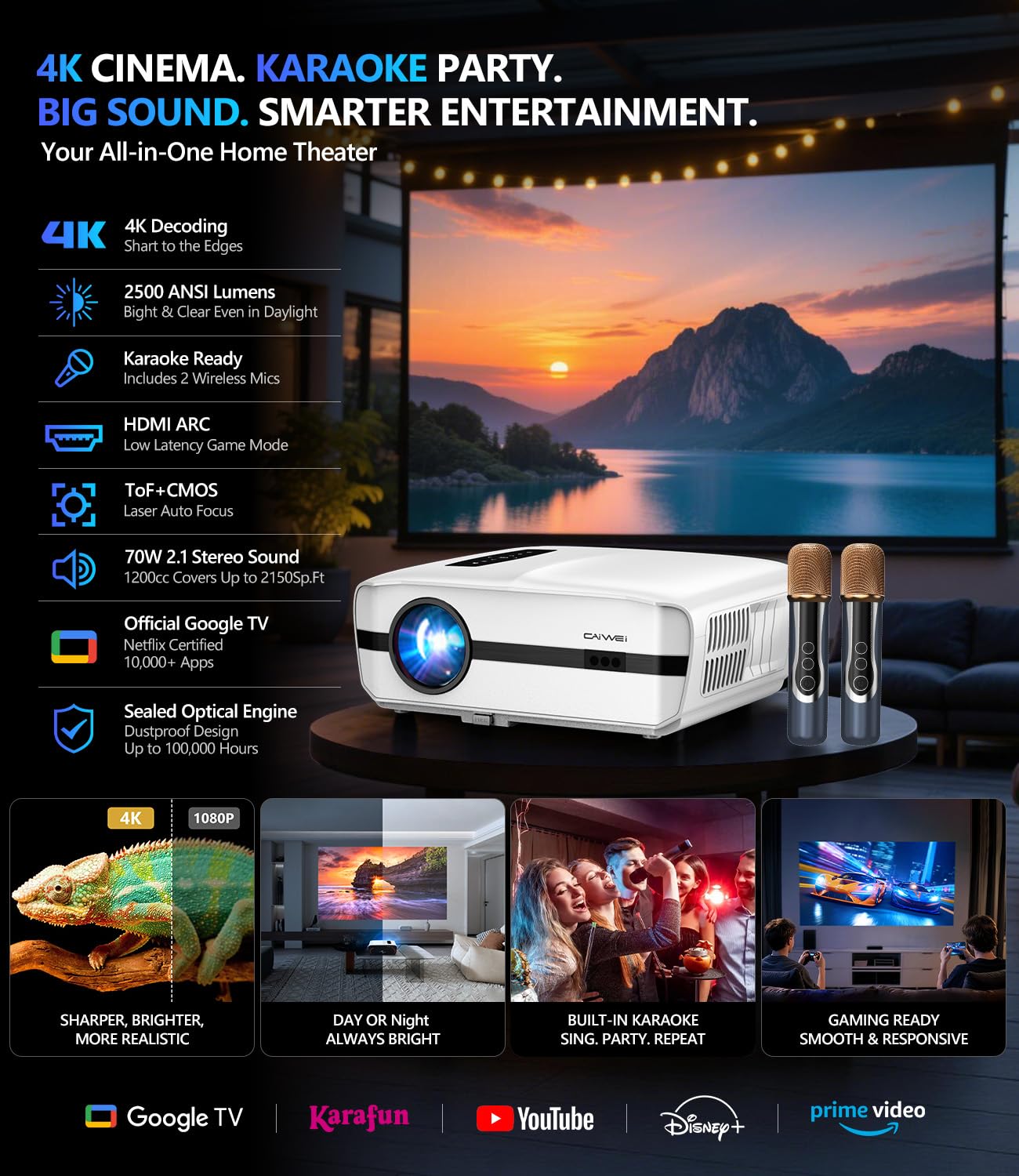 4K Smart Projector with Google TV & Netflix, 2500 ANSI Daylight Home Theater Projector, 70W Dolby Audio, TV Replacement Projector with 2 Wireless Mics, Family Karaoke, ToF Laser Auto Focus, HDMI ARC