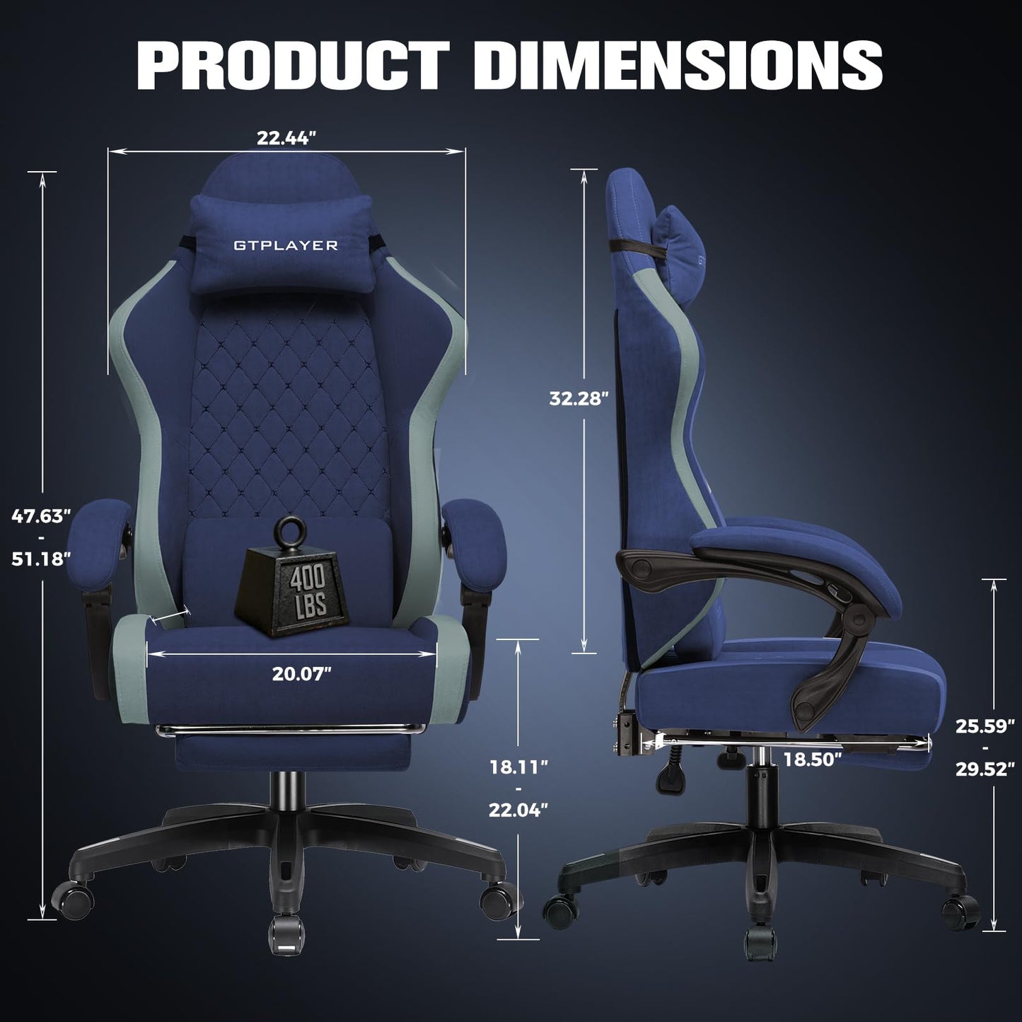 GTPLAYER Gaming Chair, Ergonomic Computer Chair with Footrest and Lumbar Support, High Back Recliner Chair 350lbs, Height Adjustable for Home Office, Deep Blue