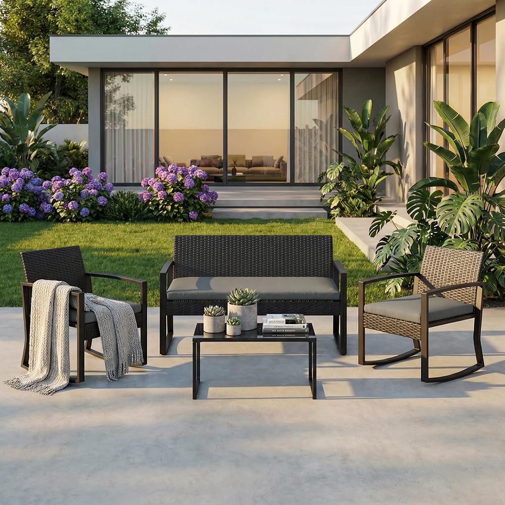 Garvee 4 Piece Patio Furniture Set, PE Rattan Outdoor Rocking Chair Conversation Set with Coffee Table, Outdoor Wicker Patio Table and Chairs Set for Patio, Porch, Backyard, Grey