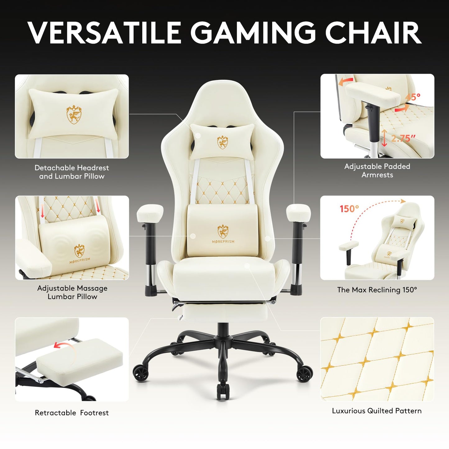 Morkprism Gaming Chair,Computer Office Chair with Footrest,Massage Lumbar Support and Gel Pad,Ergonomic Reclining Leather Gamer Chair with Headrest,Adjustable Armrests and Spring Cushion Ivory