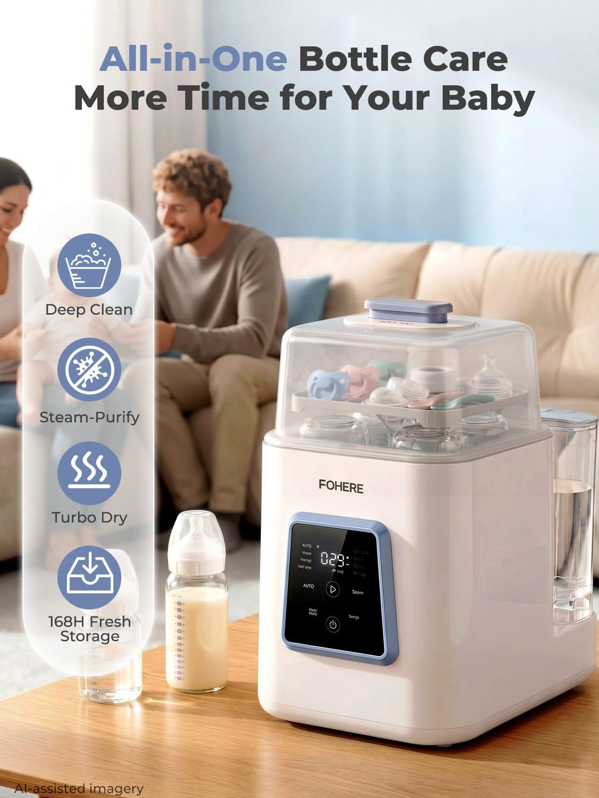FOHERE All-in-One Baby Bottle Washer and Dryer, Automatic Bottle Cleaner Machine for Breast Pump Parts, Nipples, Newborn Essentials, High-Temp Steam & Deep Clean, 60 Detergent Tablets Included