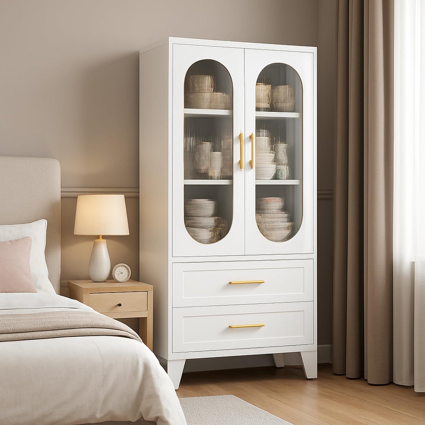 GarveeLife Tall Pantry Cabinet 73" h x 14" d, White Freestanding Storage Cabinet with 2 Large Drawers & Adjustable Shelves & Fluted Glass Door for Kitchen, Bathroom, Office & Hallway