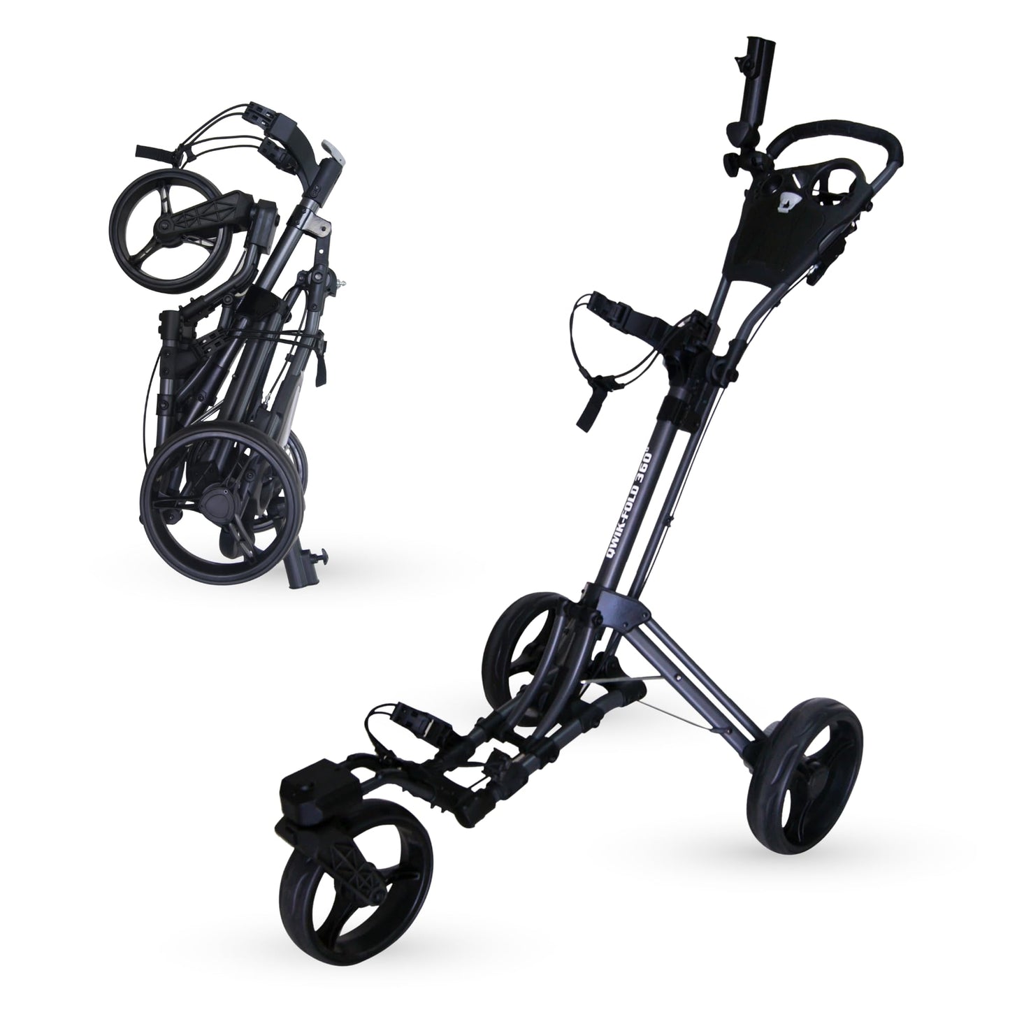 Qwik-Fold 360 Swivel 3 Wheel Push Pull Golf CART - 360* Rotating Front Wheel - ONE Second to Open & Close! (Charcoal/Black)