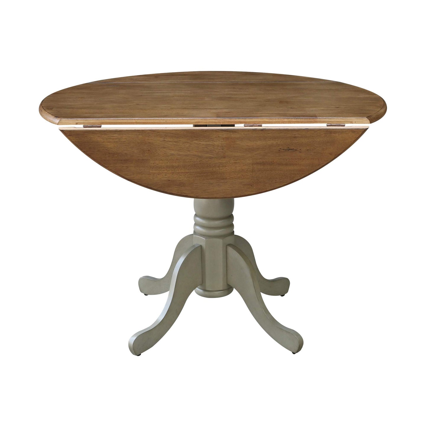 IC International Concepts, 42" Round Dual Drop Leaf Pedestal Dining Table, Solid Real Wood, Sturdy Parawood, Distressed Hickory/Stone