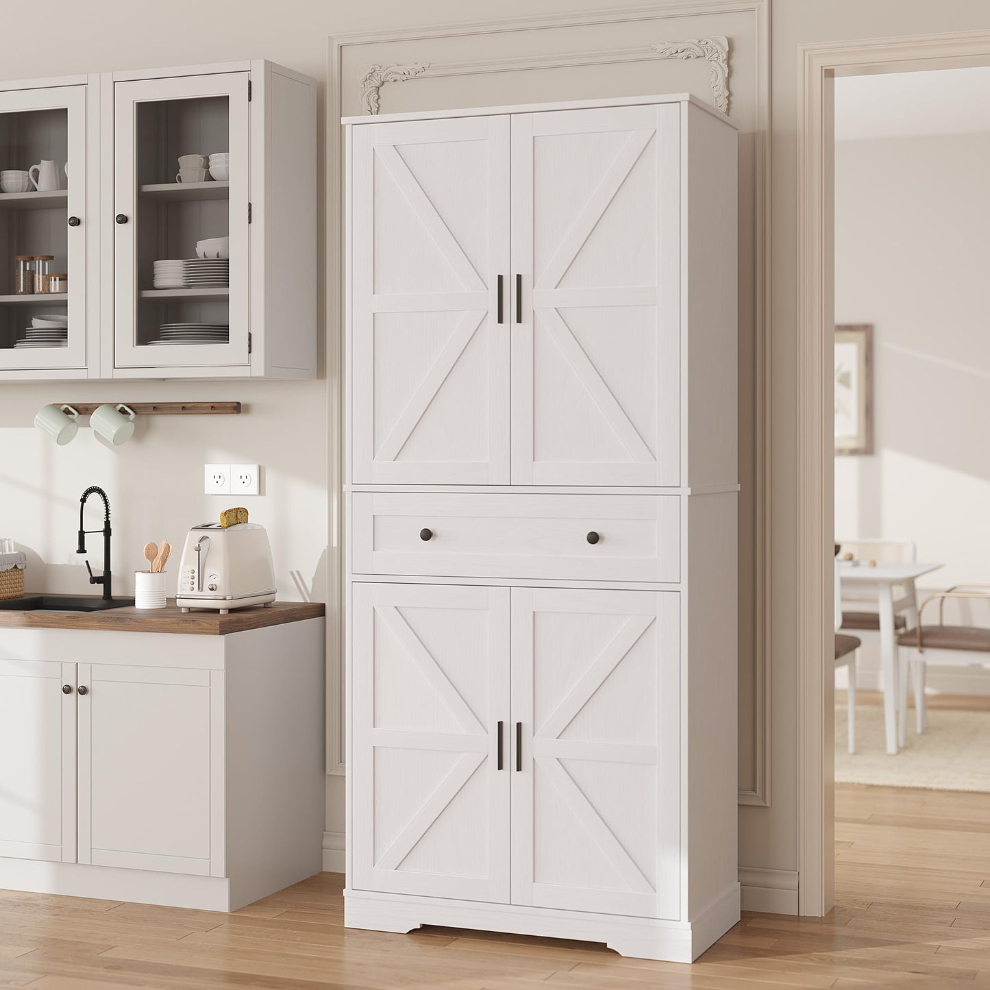 Garvee 71" Kitchen Pantry Cabinet, Barn Door Freestanding Cupboard with Drawer, Sliding Storage Rack, and 6 Hanging Shelves for Kitchen, Dining Room, Living Room Bedroom