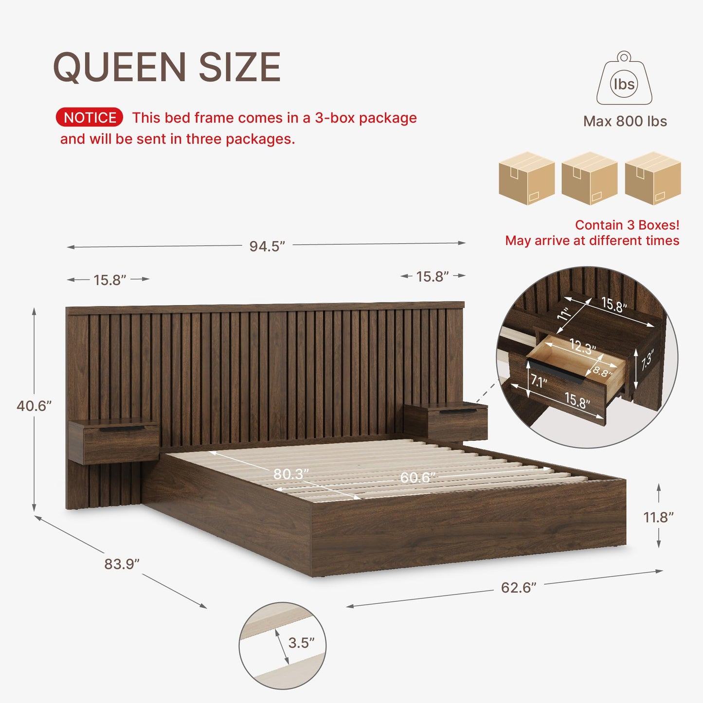 KISLOT Queen Size Wood Bed Frame with Built-in Nightstands, Modern Fluted Headboard & Storage Drawers, Solid Wood Slat Support, No Box Spring Needed, Noise-Free, Easy Assembly