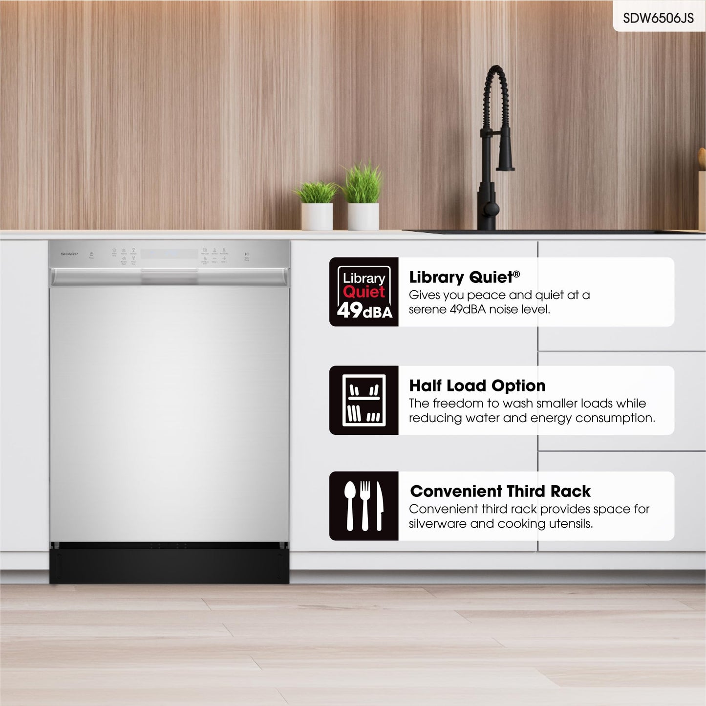 Sharp SDW6506JS 24-inch Stainless Steel Dishwasher, 49 dB, Third Rack, 12 Place Settings, Front Touch Controls