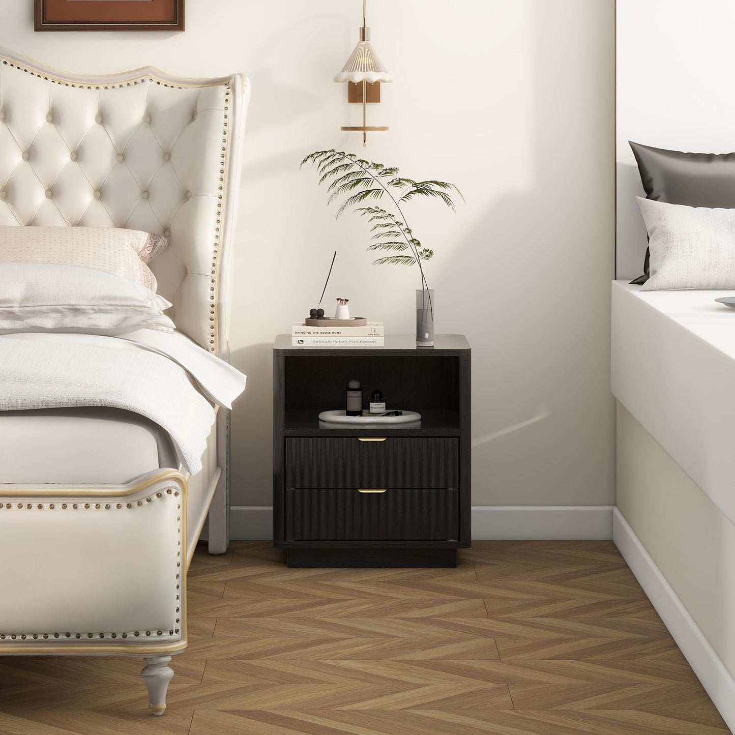 ROCSUMOO Black Nightstands Set of 2, Fluted Nightstands with 2 Drawers and Open Shelves, Large Wooden Night Stands Modern Design Night Stand for Bedroom Sofa Office (2, Black)