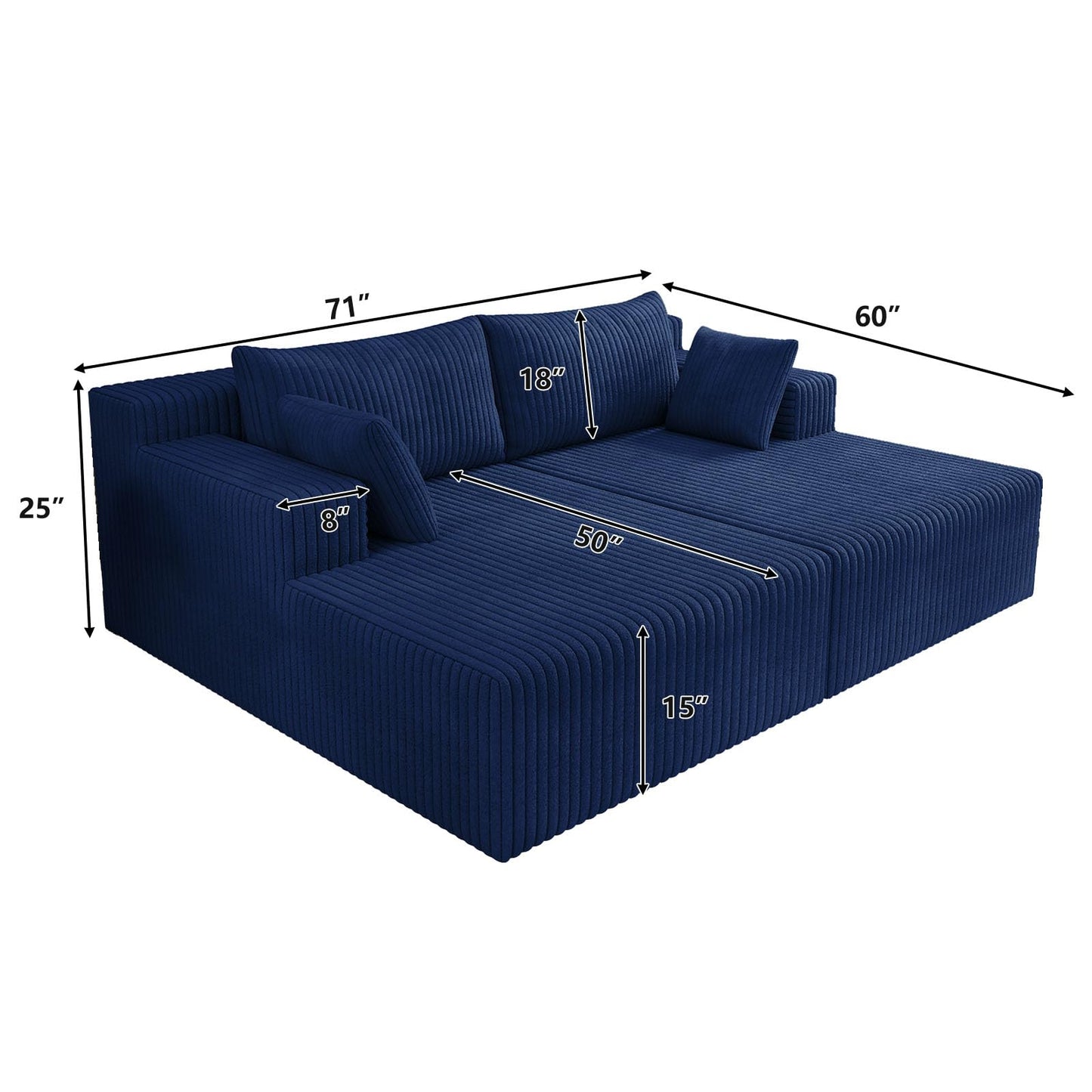 KEIKI 71" L Oversized Double Lounge Chaise Indoor, Corduroy Deep Seat Sectional Modular Couch Sleeper Loveseat Chair, Boneless Upholstered Reading Lazy Cloud Plush Sofa Bed for Living Room, Bedroom