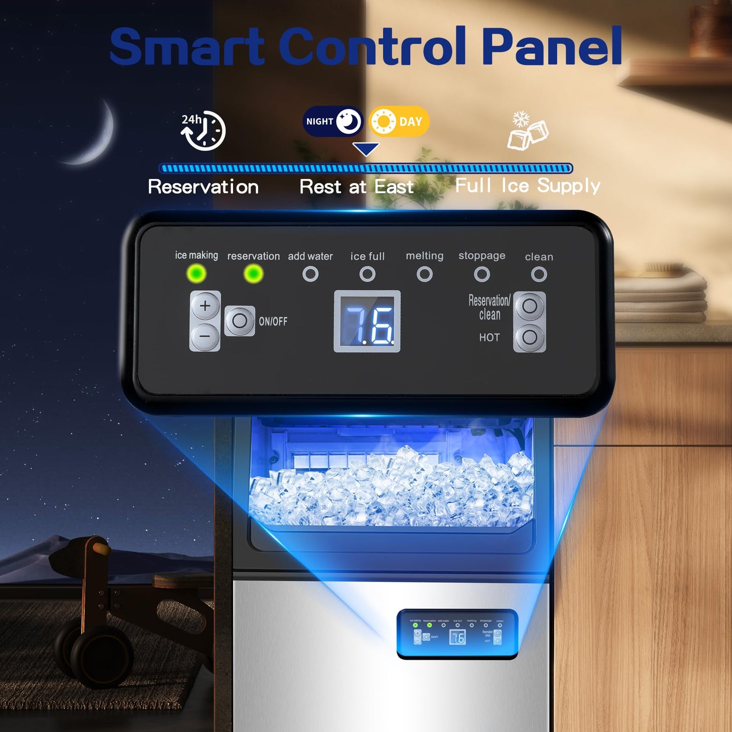 Amzgachfktch Commercial Ice Maker, 110lbs/24H Under Counter Ice Maker with 2 Water Inlet, Ice Maker Machine with 22lbs Storage, Auto Self-Cleaning, Freestanding Ice Machine for Home Office Bar