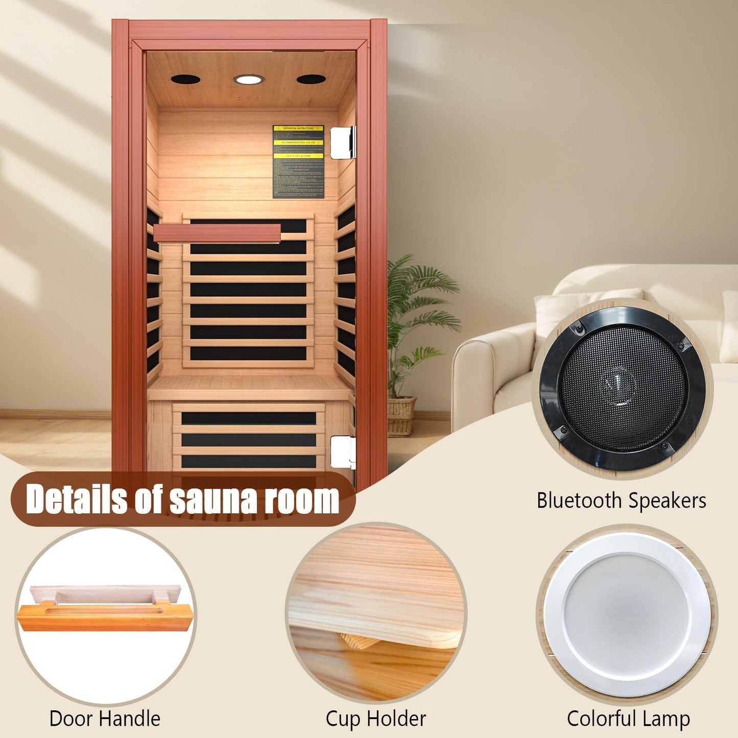InfraHHZQ 1 Person Infrared Sauna for Home Far Infrared Sauna Room Red Cedar Low EMF Indoor Sauna with Speaker 7 Color Lighting Personal Dry Sauna for Home Gym Spa