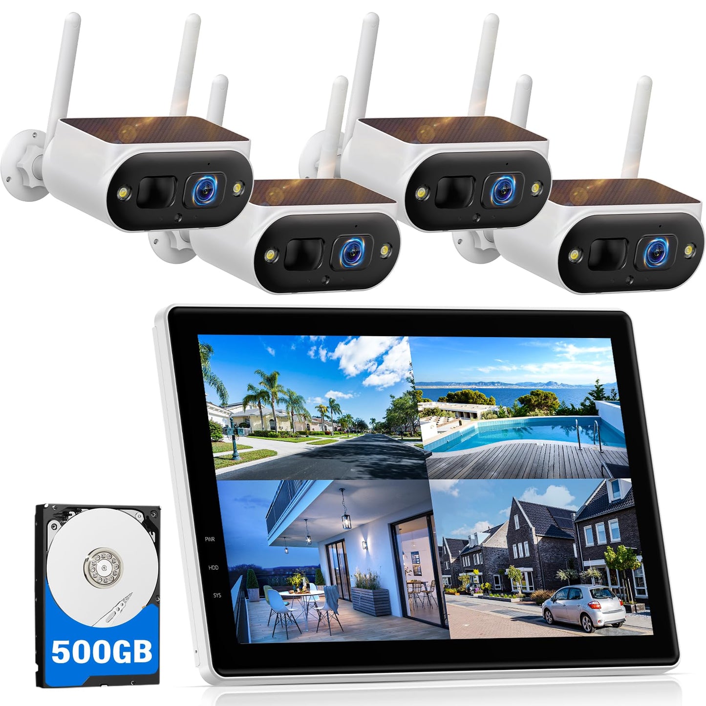 Camcamp Solar Security Cameras Wireless Outdoor, Quick Installation, No Subscription Cameras for Home Security Camera System, 10CH Expandable, 2.4 & 5GHz, 4 Cameras with Monitor