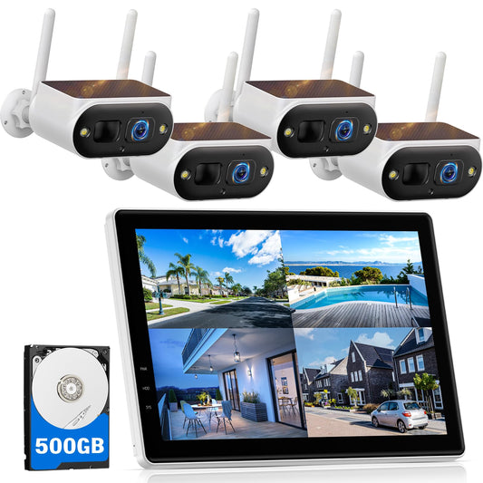 Camcamp Solar Security Cameras Wireless Outdoor, Quick Installation, No Subscription Cameras for Home Security Camera System, 10CH Expandable, 2.4 & 5GHz, 4 Cameras with Monitor