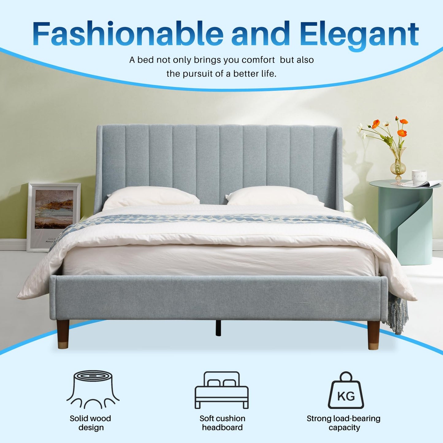 YUHUASHI Queen Size Bed Frame with Linen Fabric Twin Wingback Headboard, Upholstered Platform Bed with Wooden Slat Support, Noiseless, No Box Spring Required (Light Blue, Full)