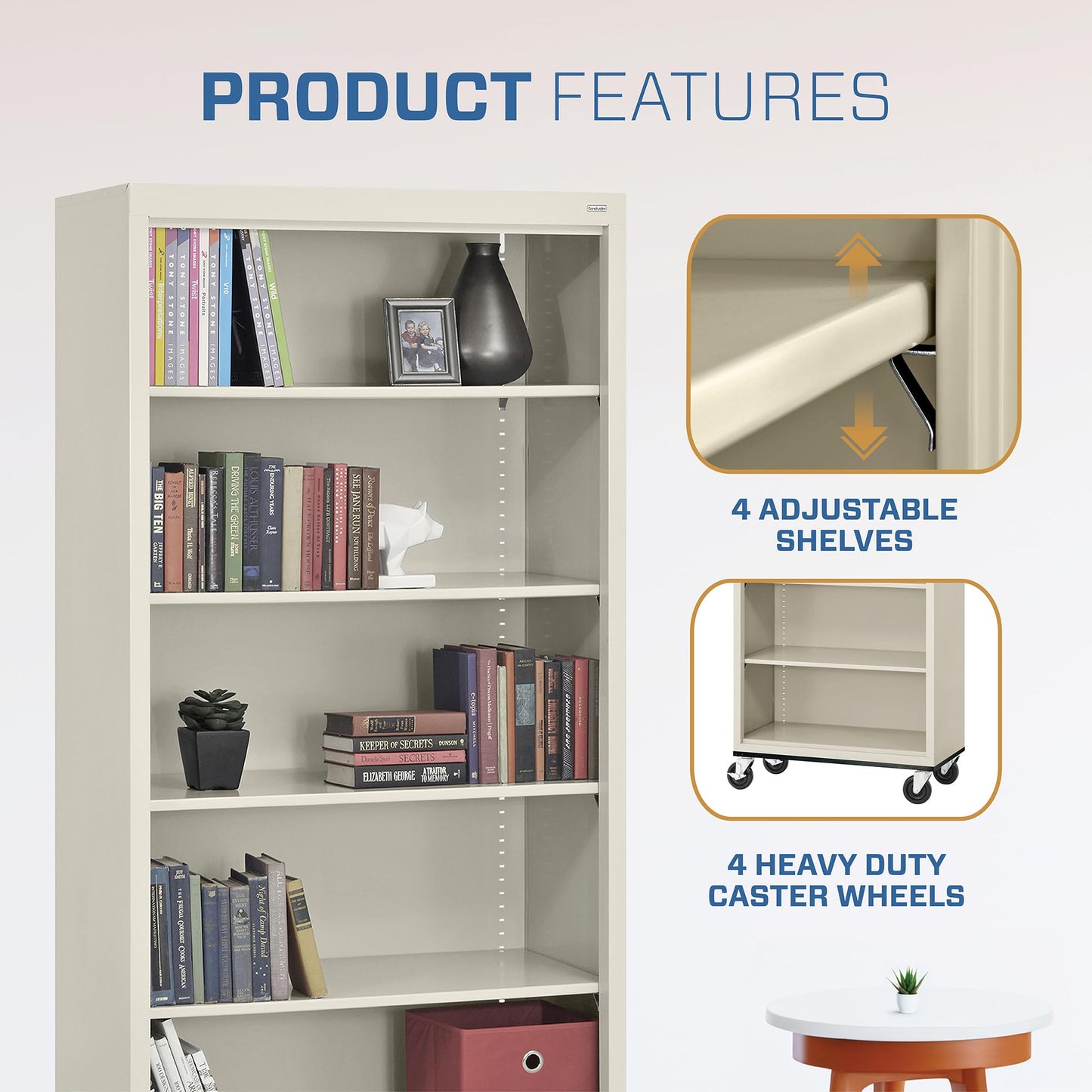 Sandusky Lee BM40361872-07 Mobile Bookcase with 4 Adjustable Shelves, Steel Rolling Bookshelf Storage Cabinet, 78"H, Putty