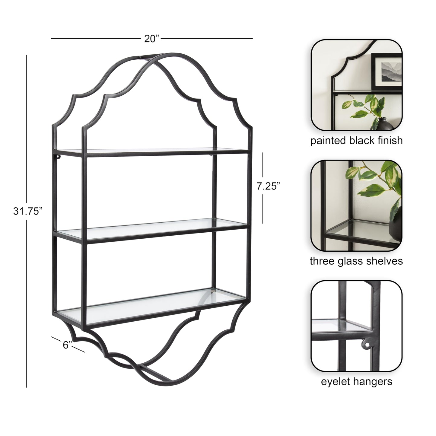 Kate and Laurel Leanna Glam Scalloped Three-Tiered Wall Shelf, 20 x 6 x 32, Black, Decorative Floating Shelf Storage and Wall Organizer for Bathroom Over Toilet Storage or Display