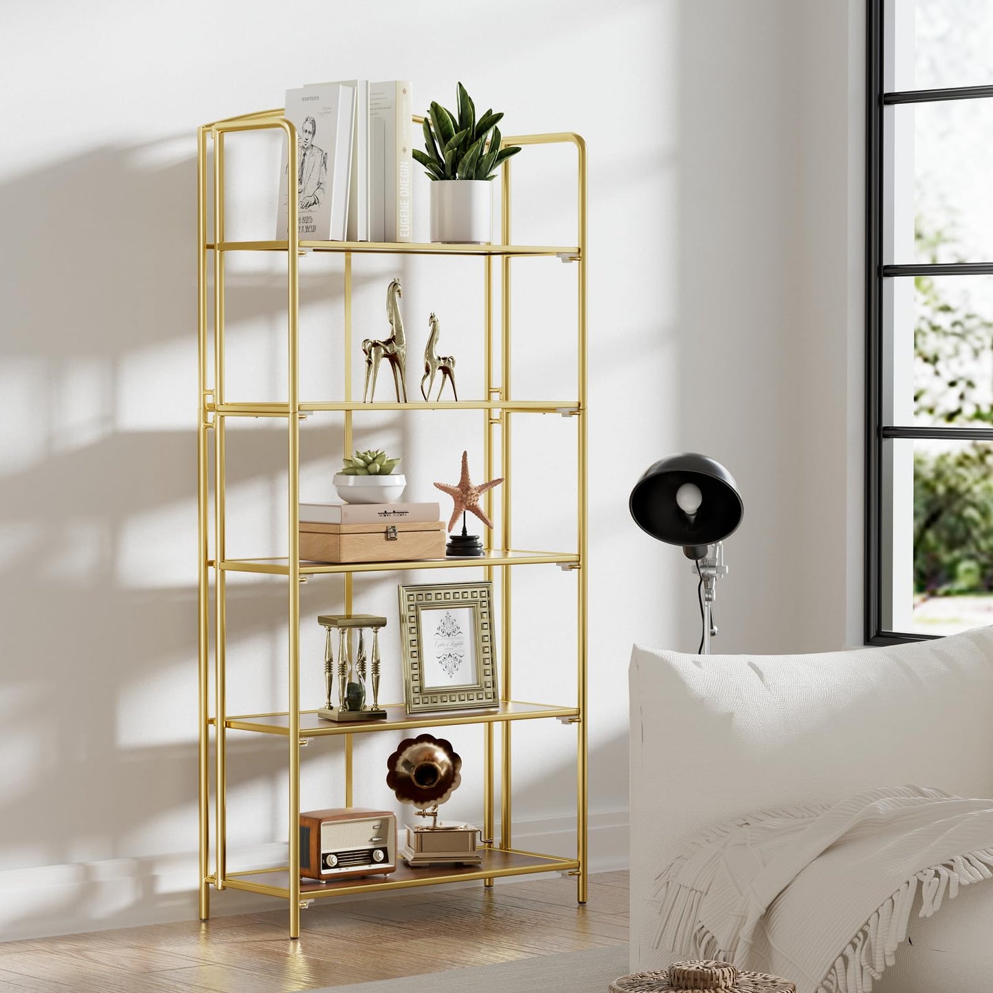 Crofy 5-Tier Wider Foldable Bookshelf, Gold Frame & Walnut Shelves