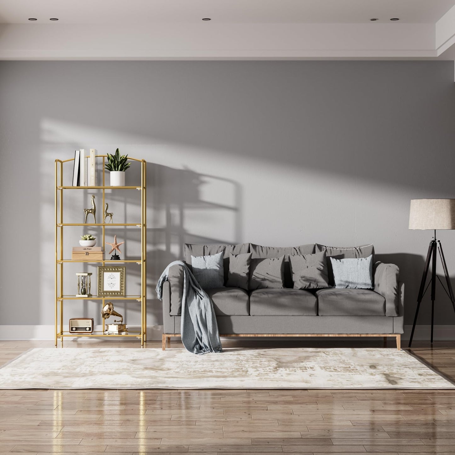 Crofy 5-Tier Wider Foldable Bookshelf, Gold Frame & Transparent Shelves