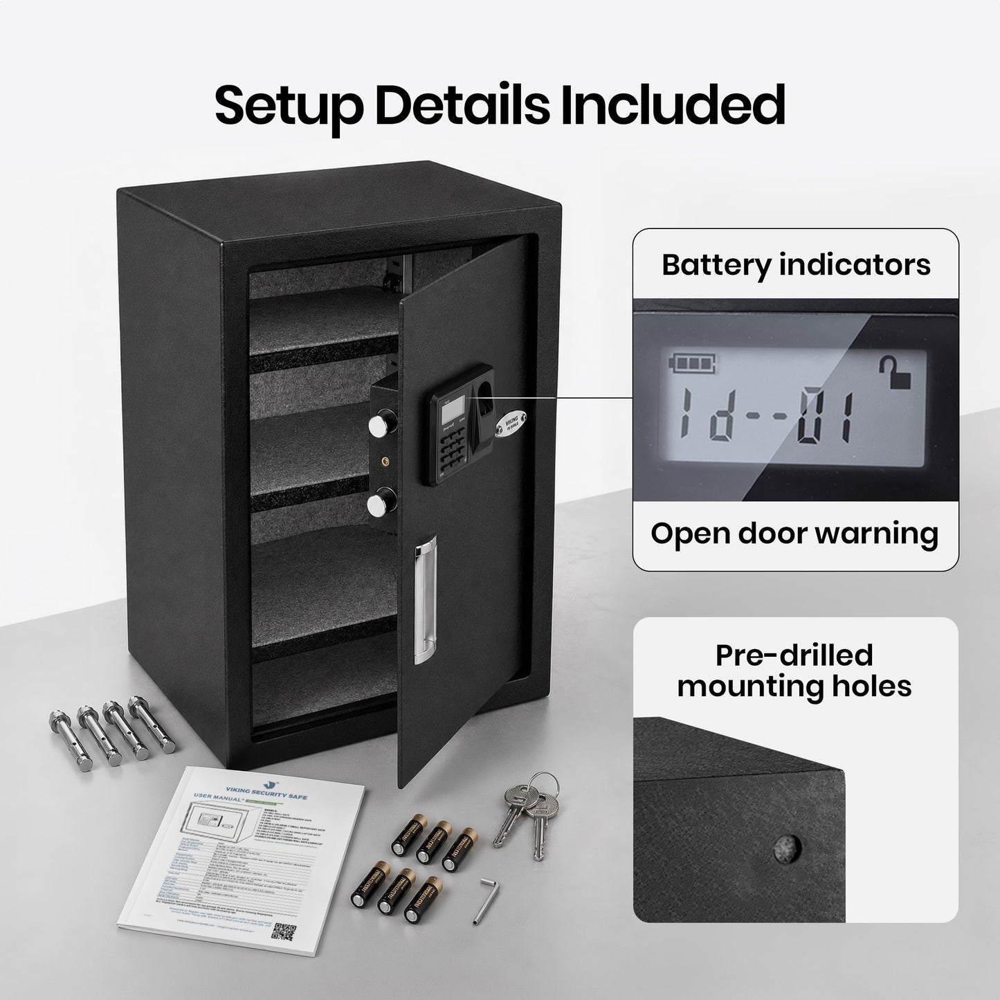 Viking Security Safe Large Biometric Safe – Quick-Access Fingerprint, PIN & Key Entry, Heavy-Duty Steel with Anti-Pry Door, Adjustable Shelves, Interior LED Light VS-50BLX