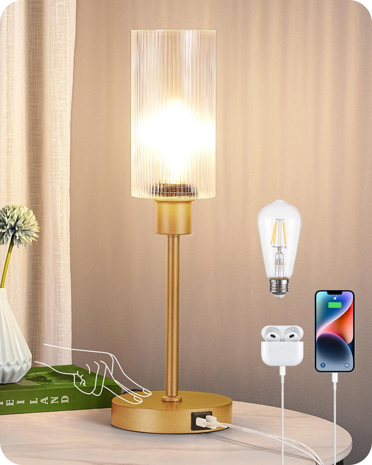 EDISHINE Glass Table Lamp - Touch Control, 3-Way Dimmable, USB C+A Ports, Striped Shade, Gold