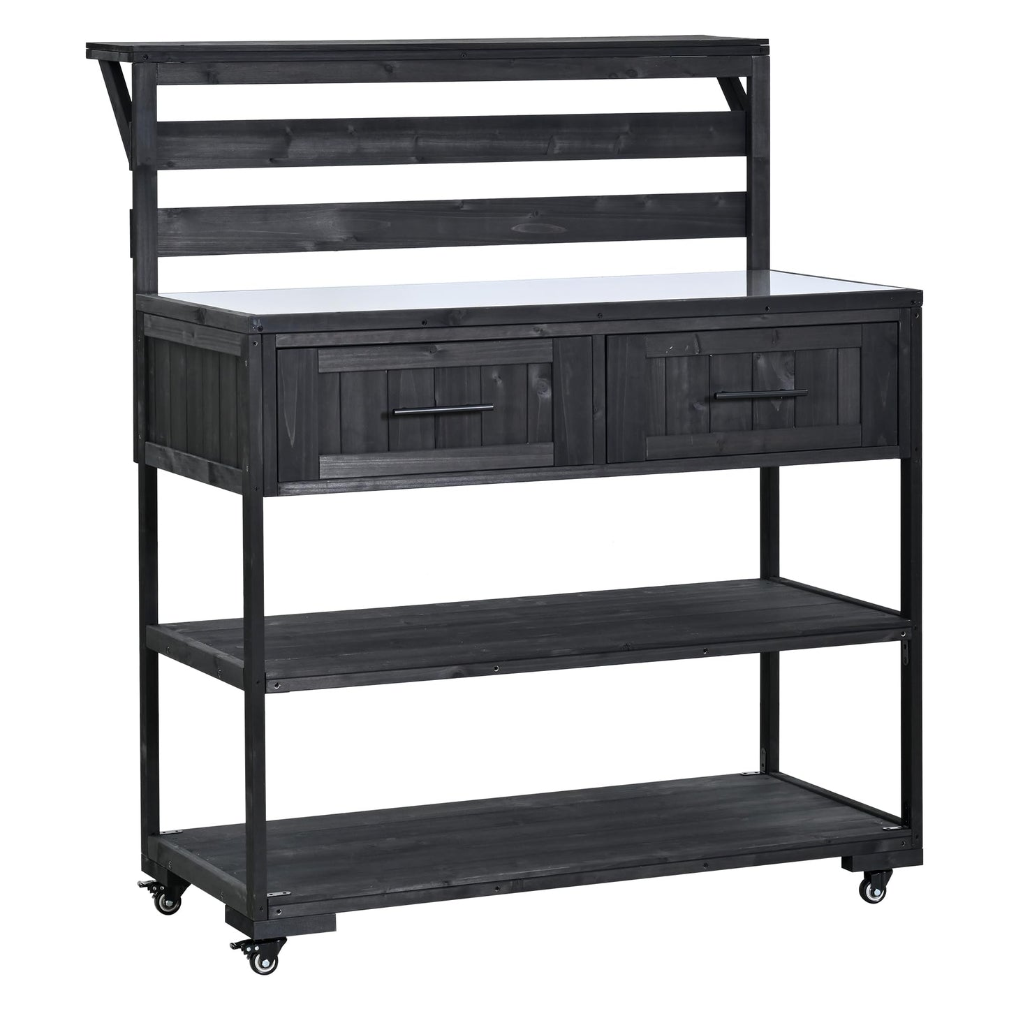 GDFStudio Elshire Patio Kitchen Island Cart with Storage, Wooden Outdoor Storage Cabinet with Stainless Steel BBQ Prep Table Top, Drawers, Raised Shelf and Lockable Wheels, Garden Potting Bench, Black