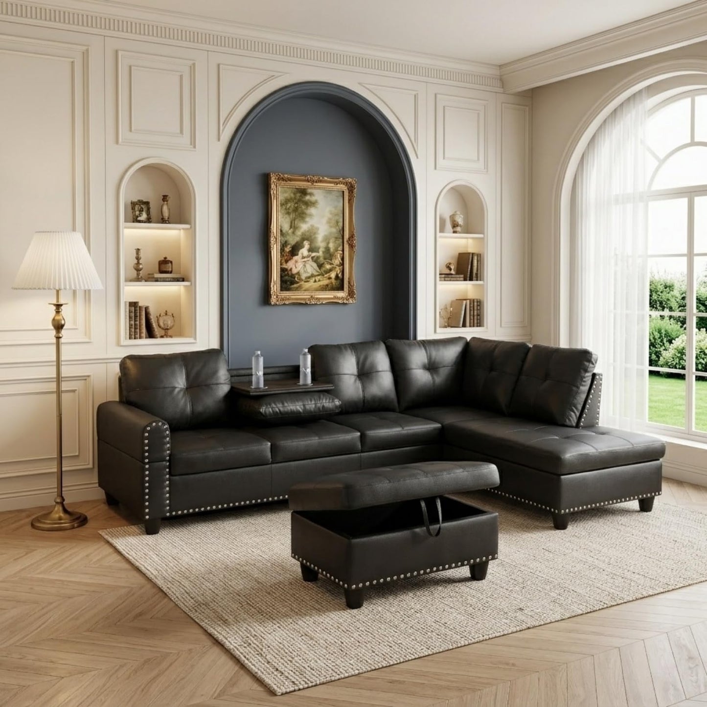 Trygoal 97.5" L-Shape Sofa with Storage Ottoman & Reversible Coffee Table, Leather Sectional Couch with Right Chaise, Modern 3-Piece Sofa Set, Upholstered Couch Set with Solid Wood Frame, Dark Grey