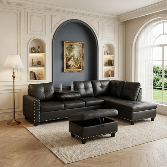 Trygoal 97.5" L-Shape Sofa with Storage Ottoman & Reversible Coffee Table, Leather Sectional Couch with Right Chaise, Modern 3-Piece Sofa Set, Upholstered Couch Set with Solid Wood Frame, Dark Grey