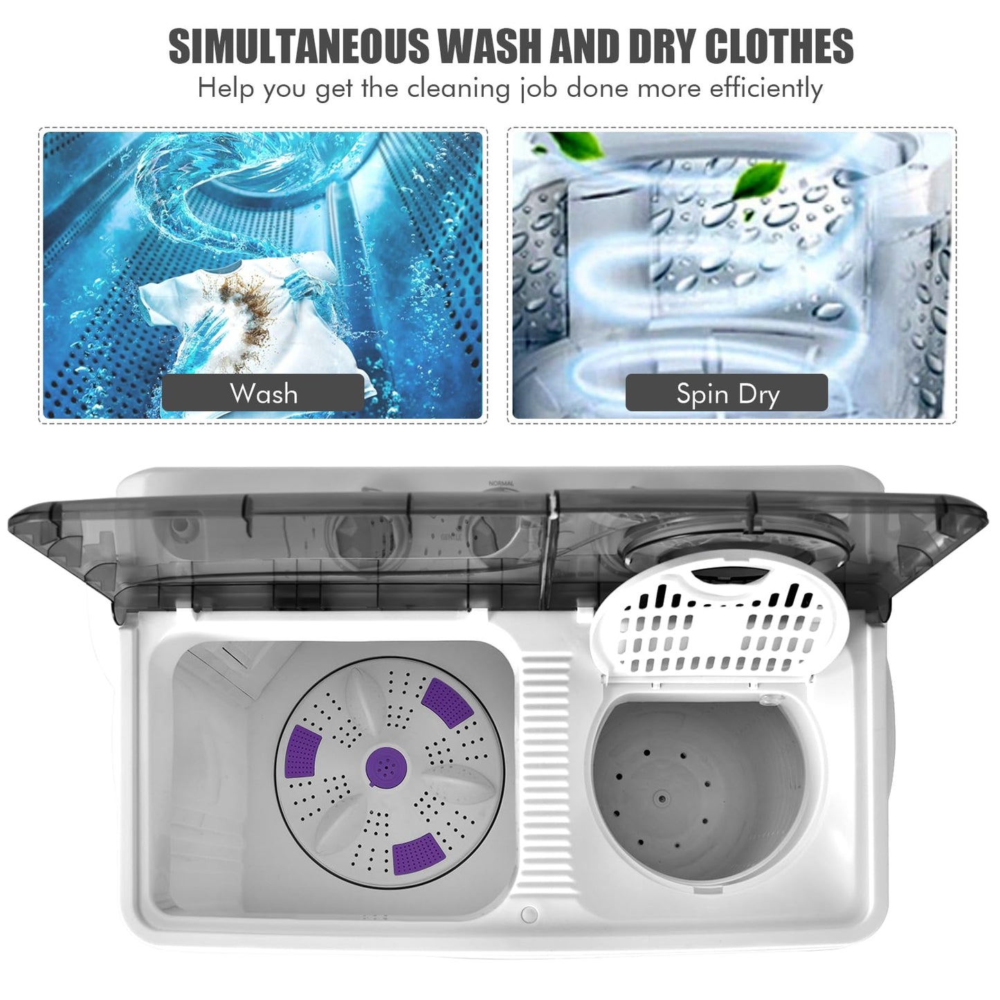 COSTWAY Portable Washing Machine, 2-in-1 Twin Tub 26lbs Capacity Laundry Washer(18lbs) and Spinner(8lbs) with Control Knobs, Timer Function, Drain Pump, Perfect for Home Apartment RV, Grey