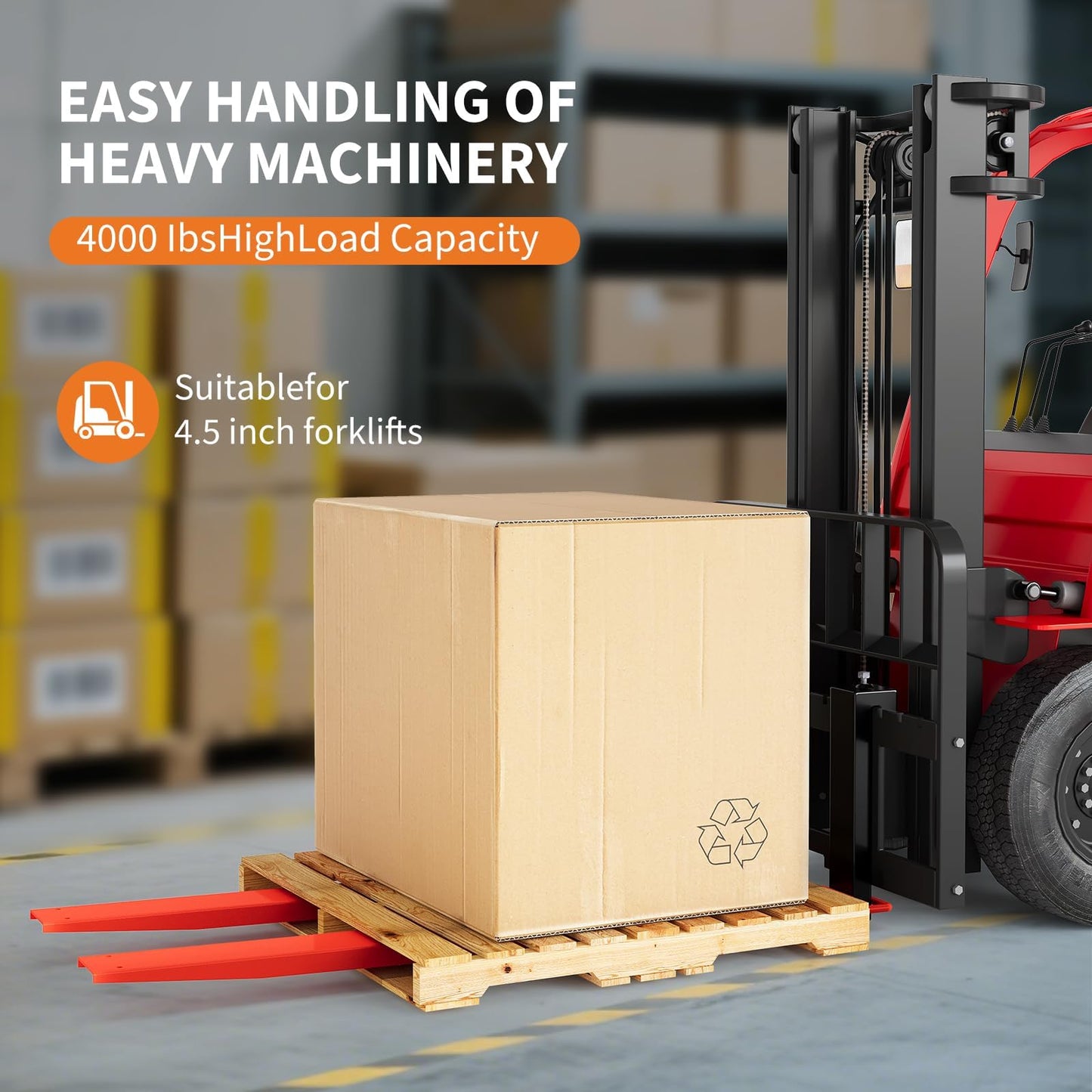 96" Forklift Extensions - Heavy Duty Pallet Fork Extensions for 4.5" Wide Forks, High Tensile Steel Fork Extender with Safety Strap for Warehouse, Construction, Farm