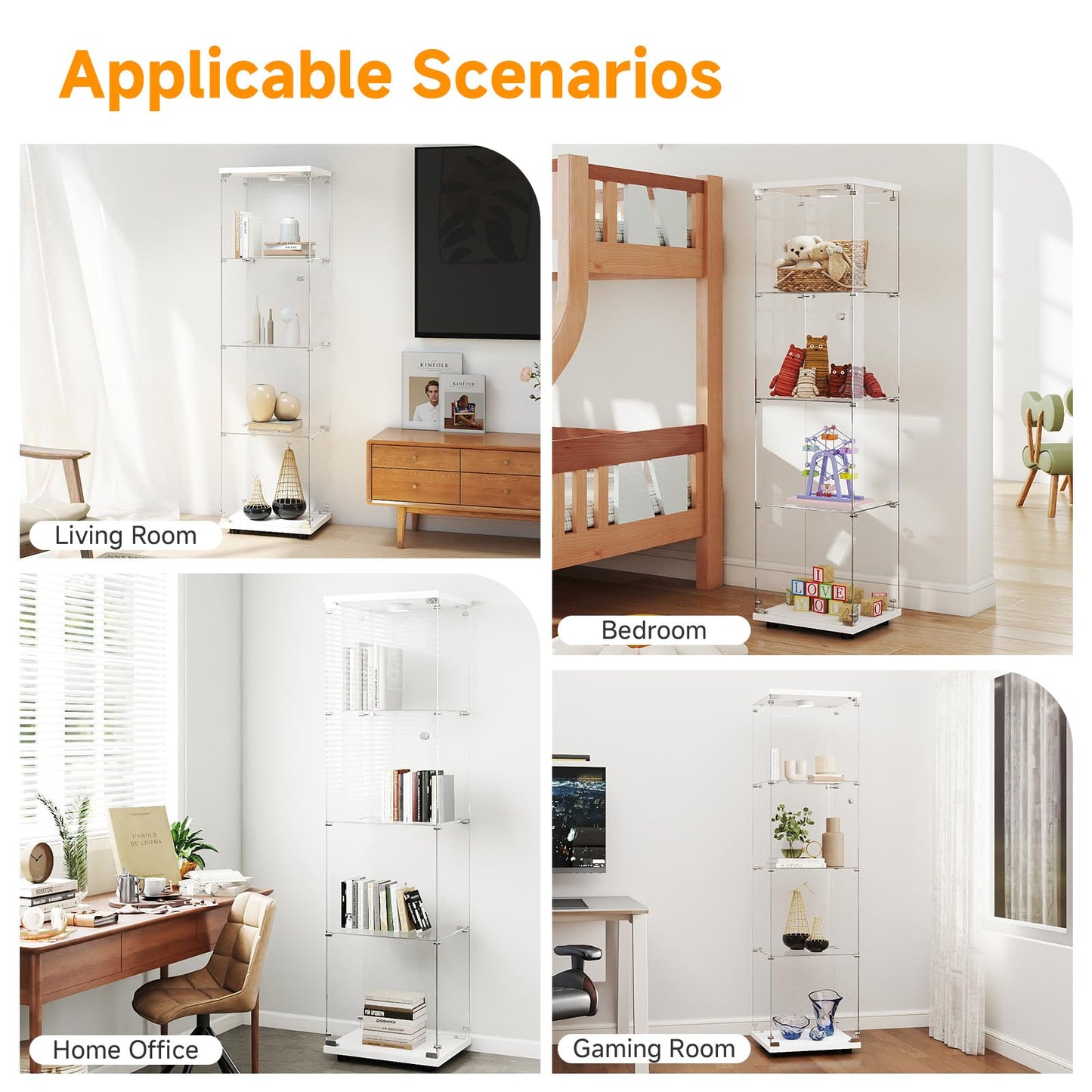 Zevemomo Tempered Glass Display Cabinet with Lights, 4-Tier Curio Cabinet with Glass Doors and Lock, Glass Display Case for Collectibles, for Living Room, Bedroom, Office, White, Single Door