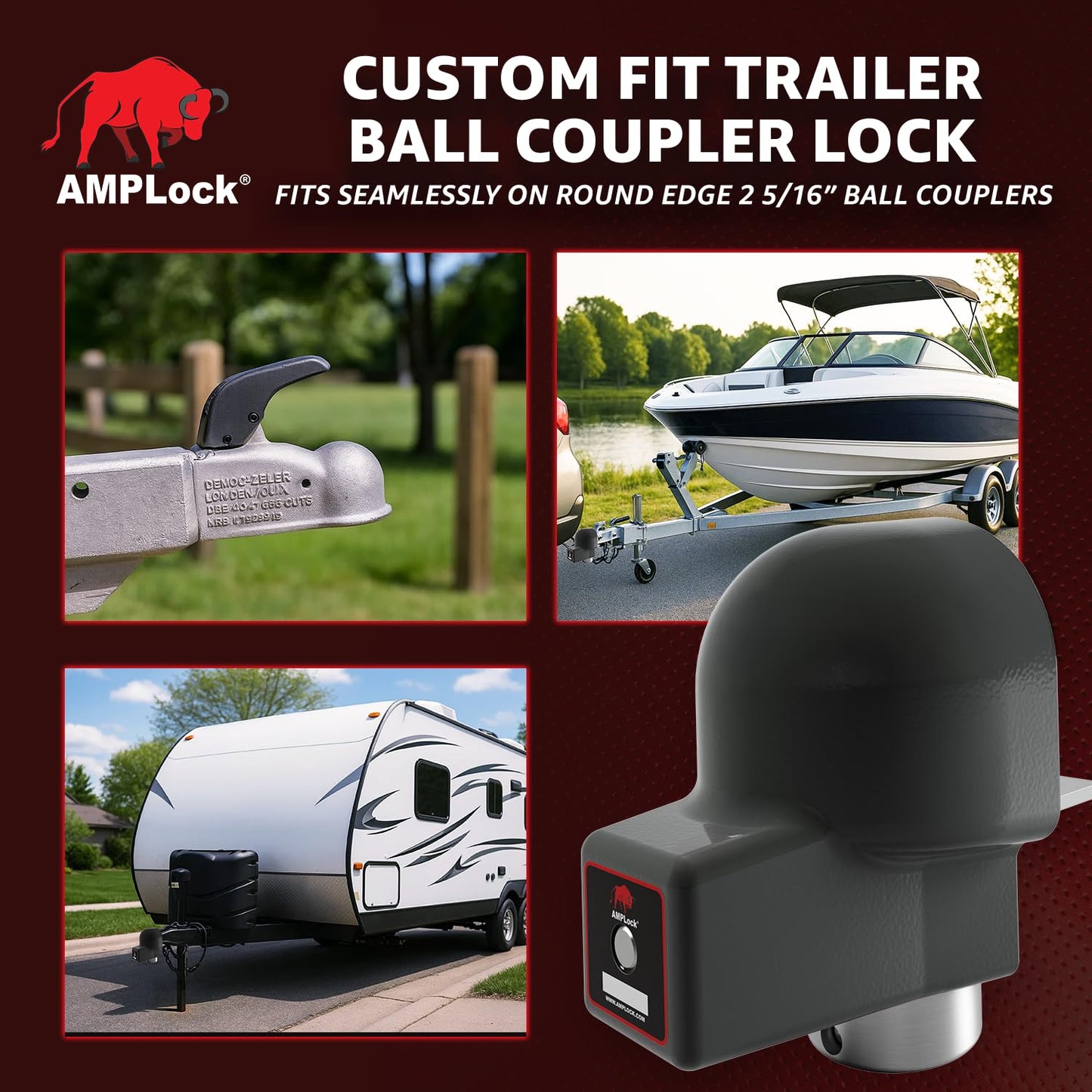 AMPLock U-BRA2516 2 5/16" Trailer Coupler Lock with Heavy Duty Round Edge Design, Push-to-Lock System, Rust and Corrosion Resistant, Fits Ball Couplers for Boat, Cargo, Utility and Travel Trailer Use