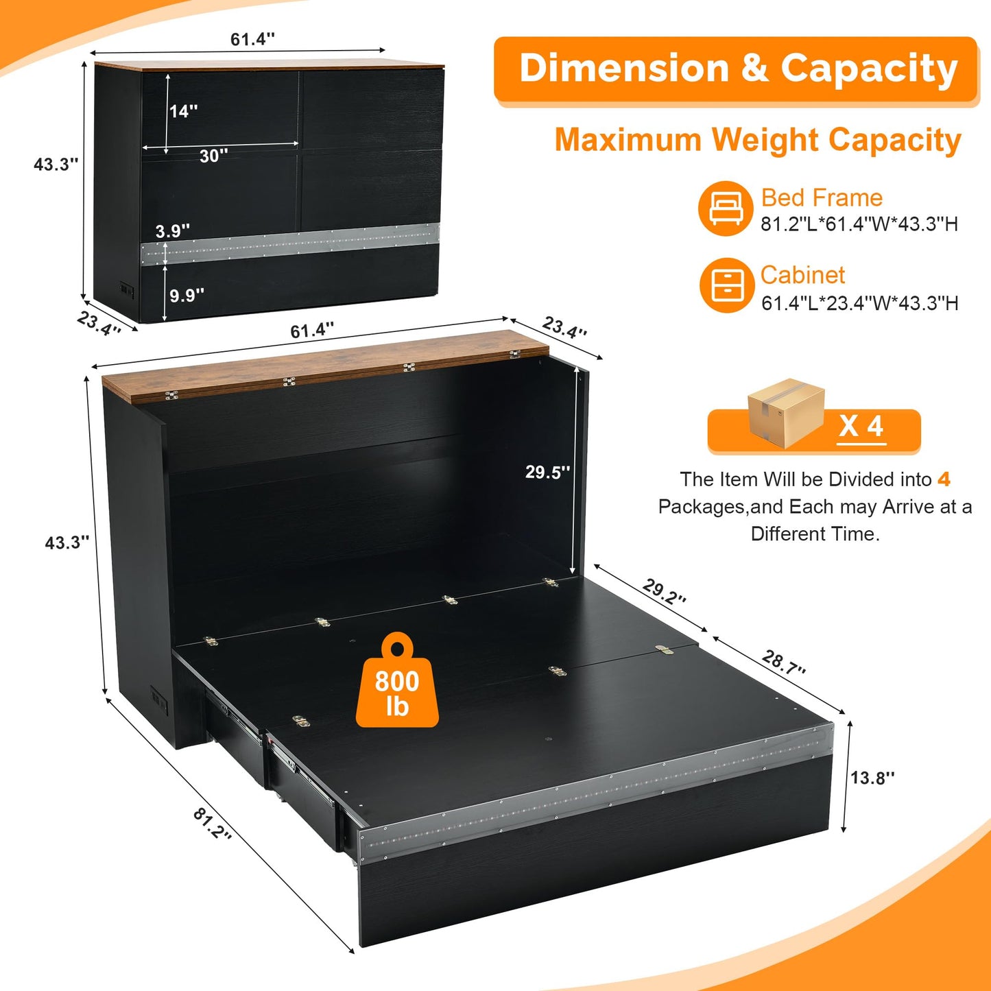 VINGLI Queen Size Murphy Bed with Storage Drawer,Smart LED Lighting,Built-in 2 Charging Stations, Space-Saving Cabinet Bedfor Kids,Adults & Guests,Classic Black