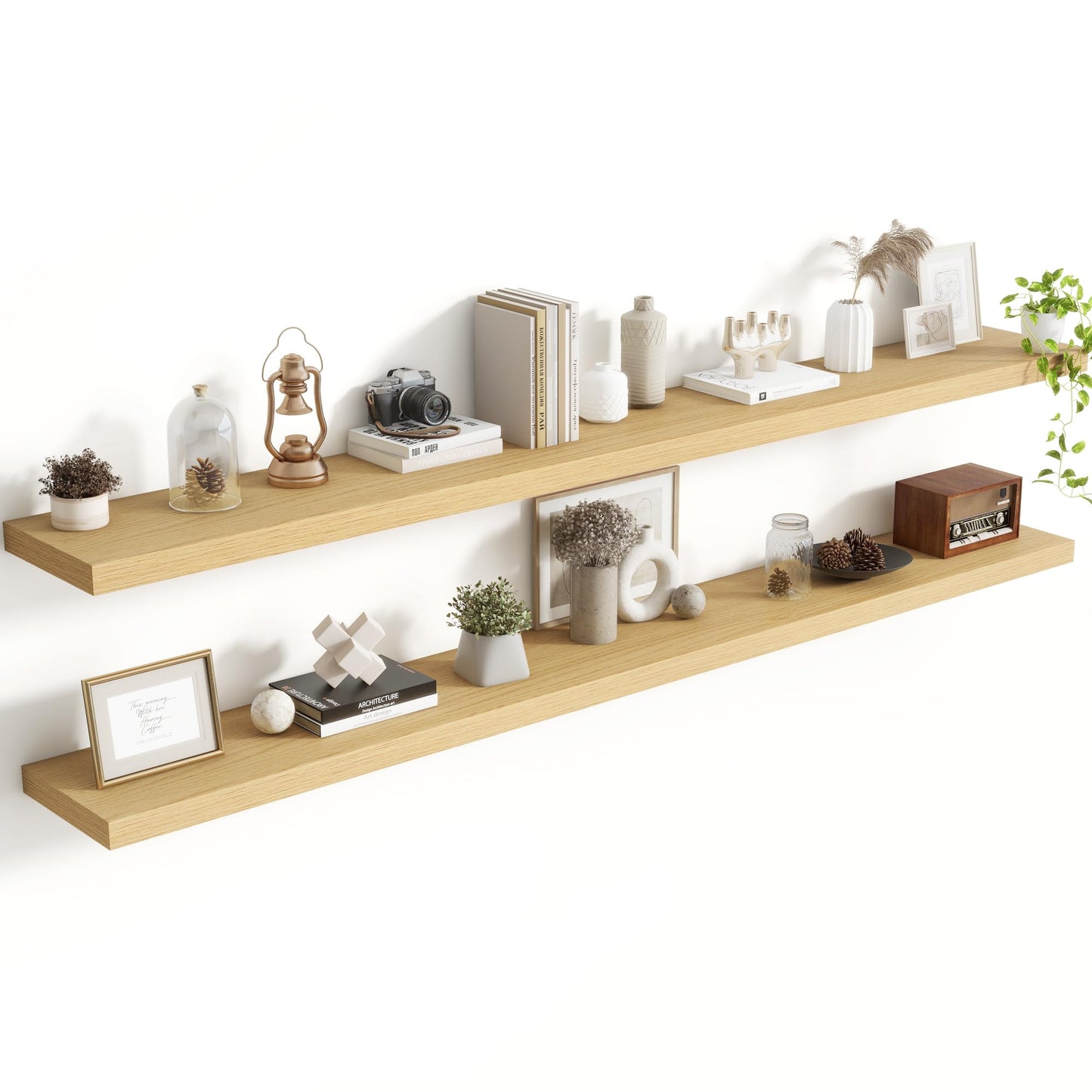 Acovy 72 Inch Floating Shelves, 8 Inch Deep Floating Shelves for Wall, Hanging Shelf with Invisible Brackets, Deep Shelves for Bathroom, Bedroom, Living Room, Oak, Set of 2
