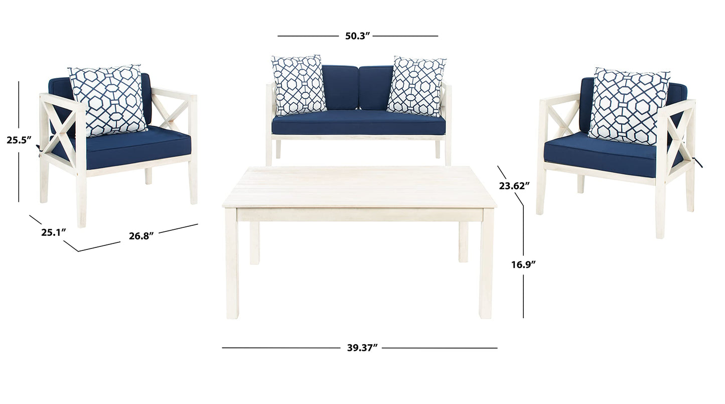 SAFAVIEH Outdoor Collection Nunzio Off-White/Navy Blue Cushion 4-Piece Conversation Patio Set with Accent Pillows